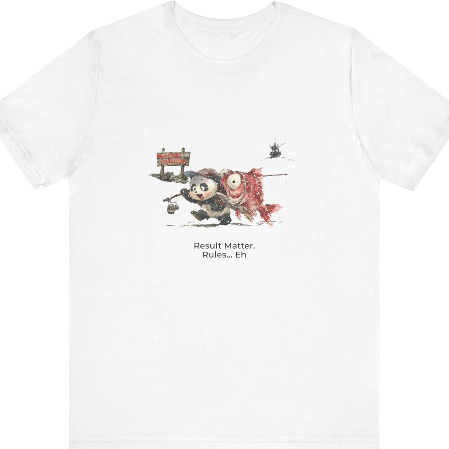 Fat Belly Panda™ “Certified Catch” unisex graphic tee — panda holding fishing rod and oversized snapper he purchased from a trawler, walking toward fishing competition sign with boat fading behind him, on white tee.