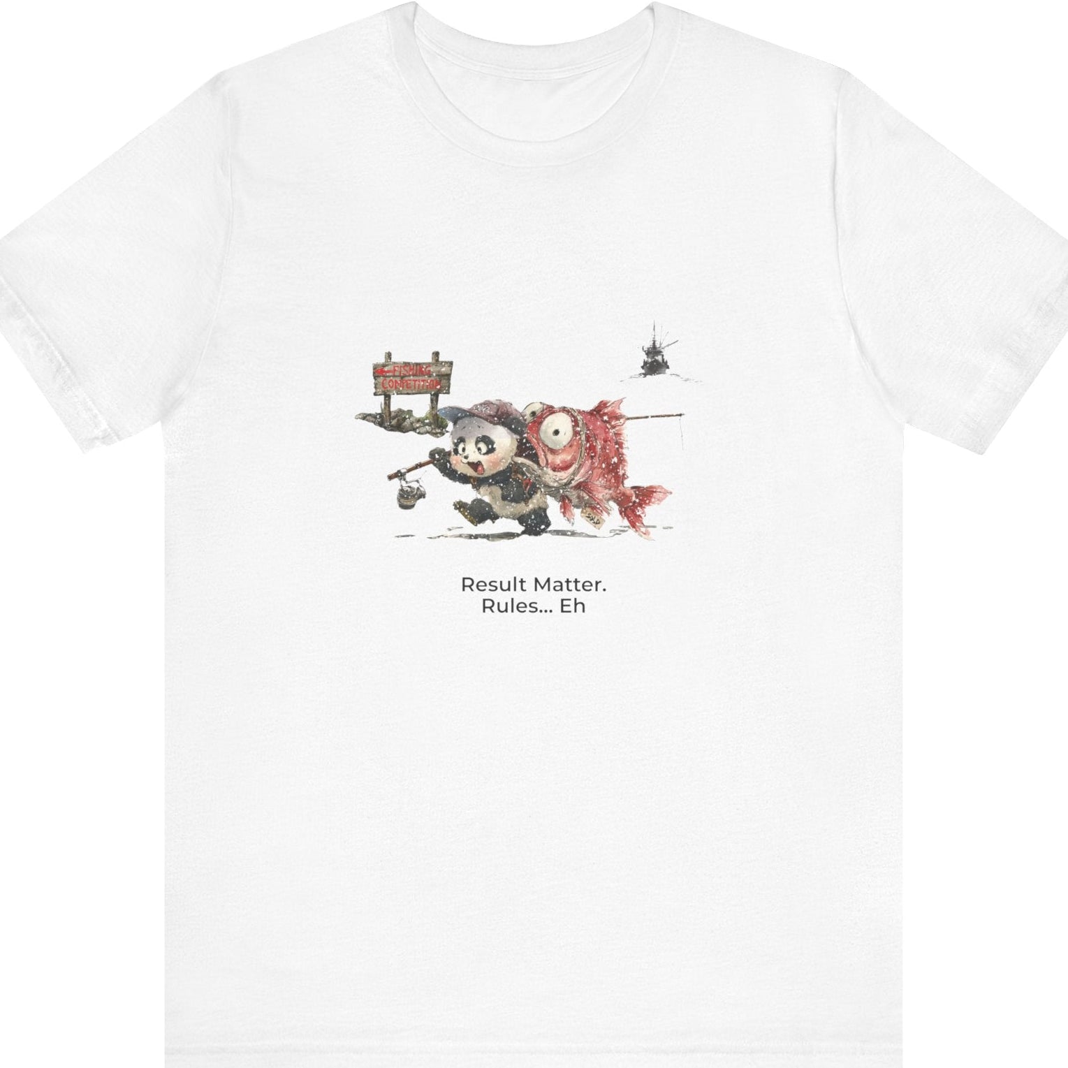 Fat Belly Panda™ “Certified Catch” unisex graphic tee — panda holding fishing rod and oversized snapper he purchased from a trawler, walking toward fishing competition sign with boat fading behind him, on white tee.