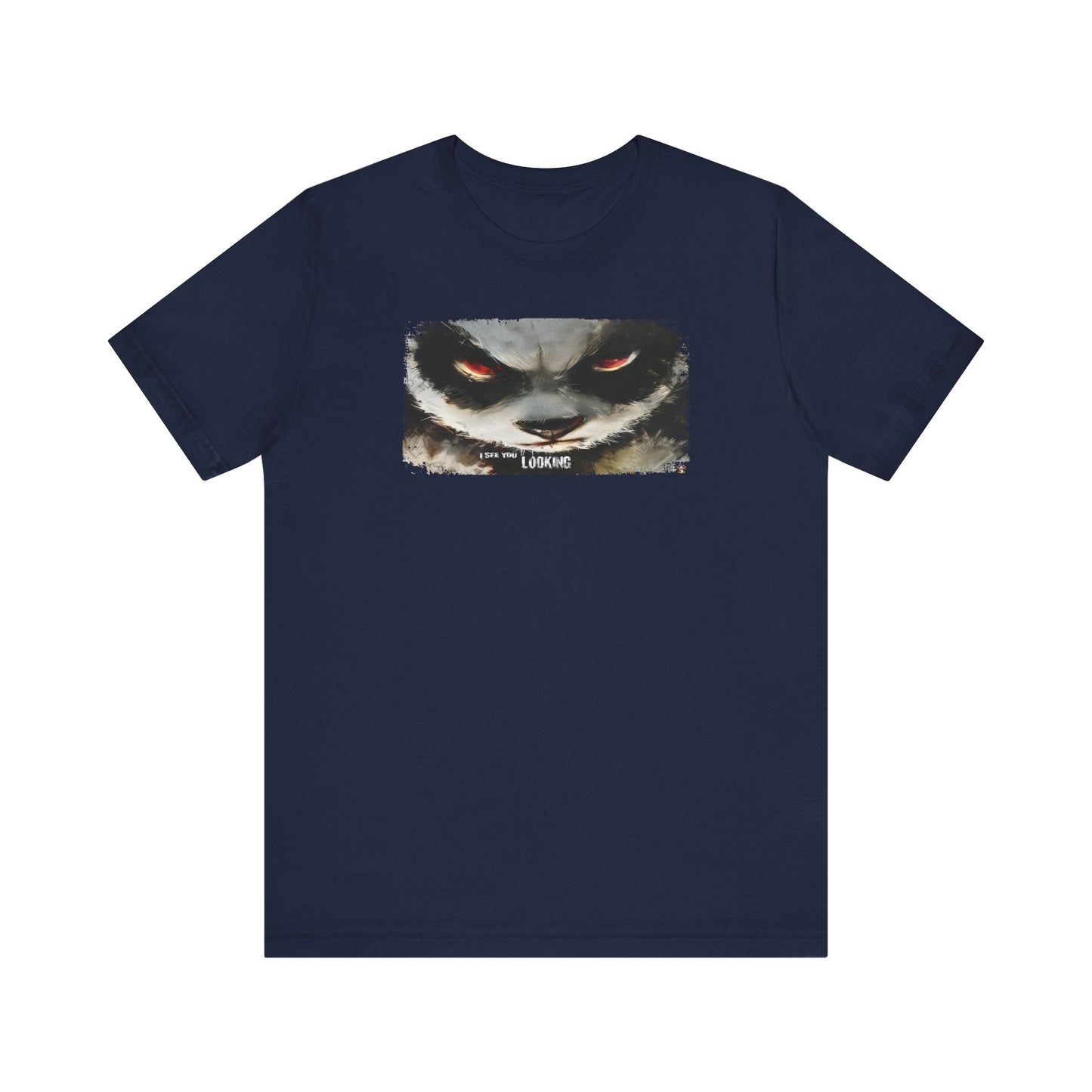 Fat Belly Panda™ “I See You Looking” unisex tee for men and women — extreme close-up panda face with head tilted down and eyes looking up, sumi-ink watercolor style, playful Too Cute to Behave design on navy background.