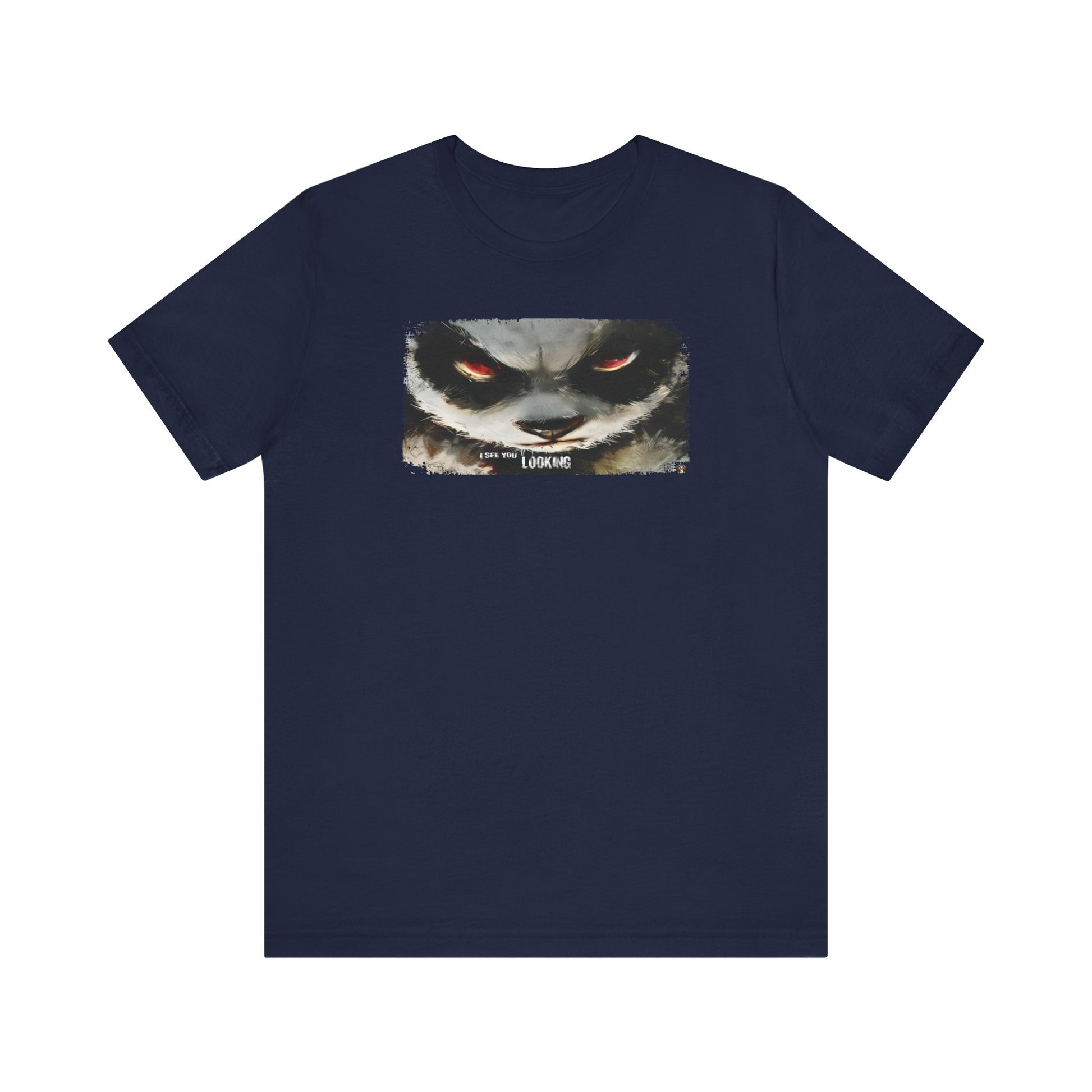 Fat Belly Panda™ “I See You Looking” unisex tee for men and women — extreme close-up panda face with head tilted down and eyes looking up, sumi-ink watercolor style, playful Too Cute to Behave design on navy background.