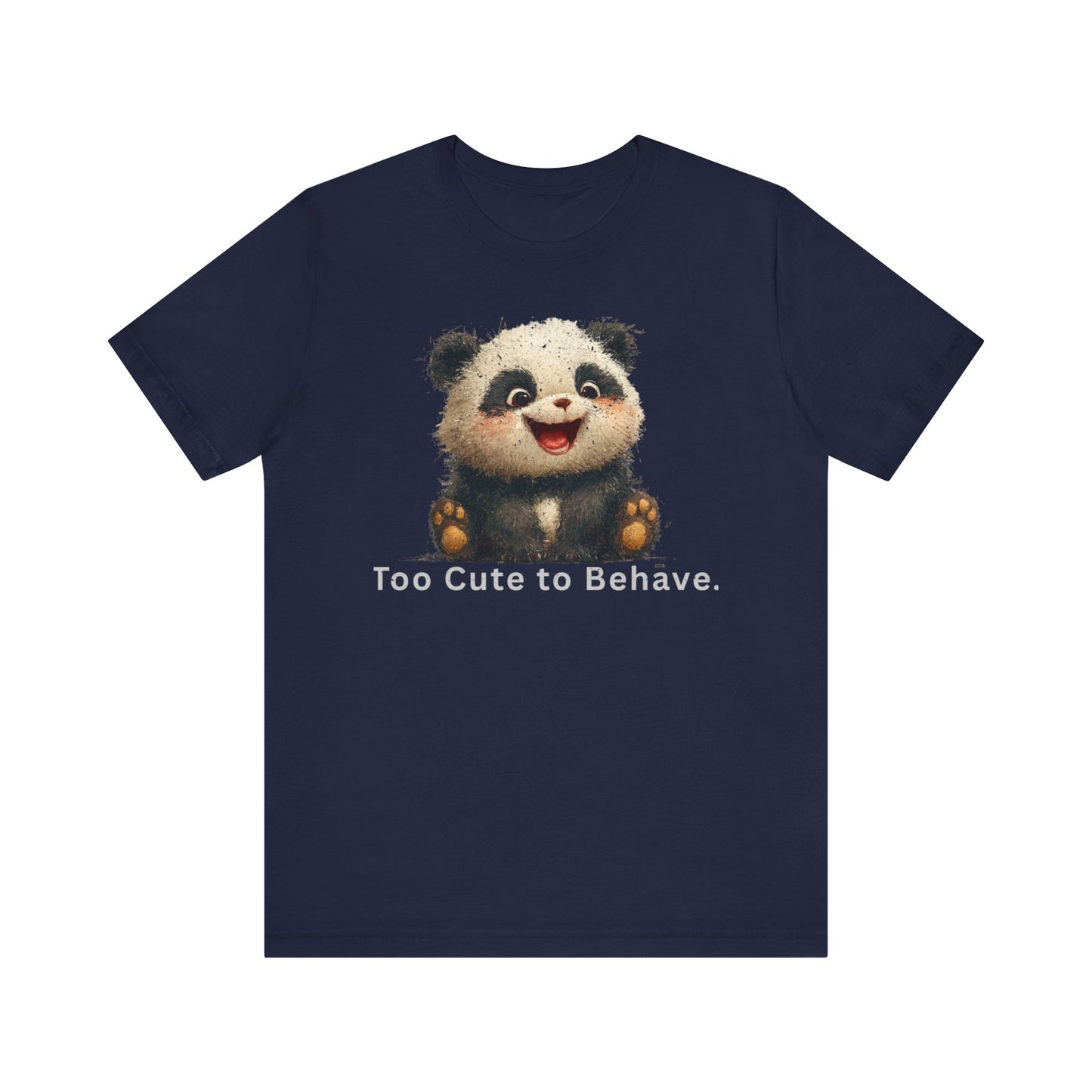 Fat Belly Panda™ “Too Cute to Behave” unisex tee for men and women — mischievous chibi panda with playful grin and innocent eyes, signature Too Cute to Behave design on navy background.