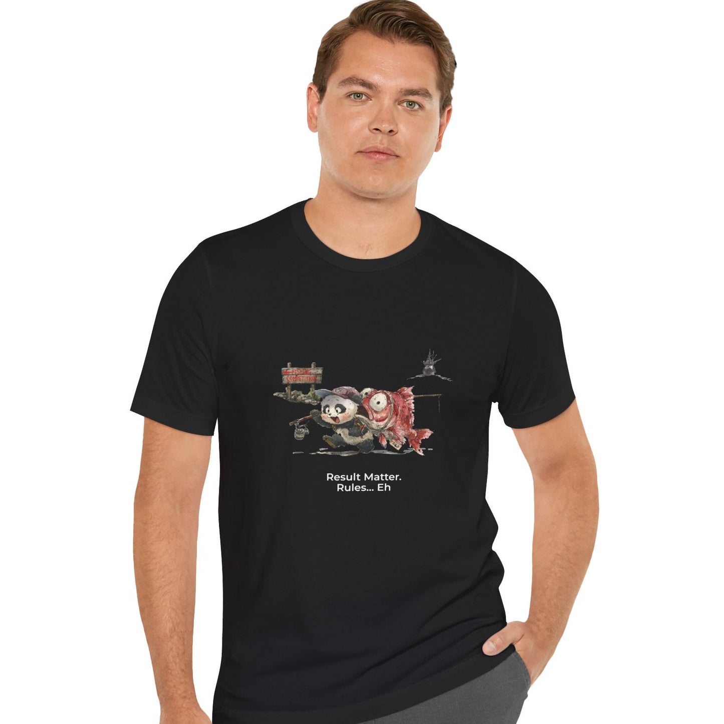 Fat Belly Panda™ “Certified Catch” unisex graphic tee — model wearing design showing panda with fishing rod, shocked snapper, and trawler boat leaving behind as he moves toward competition sign.