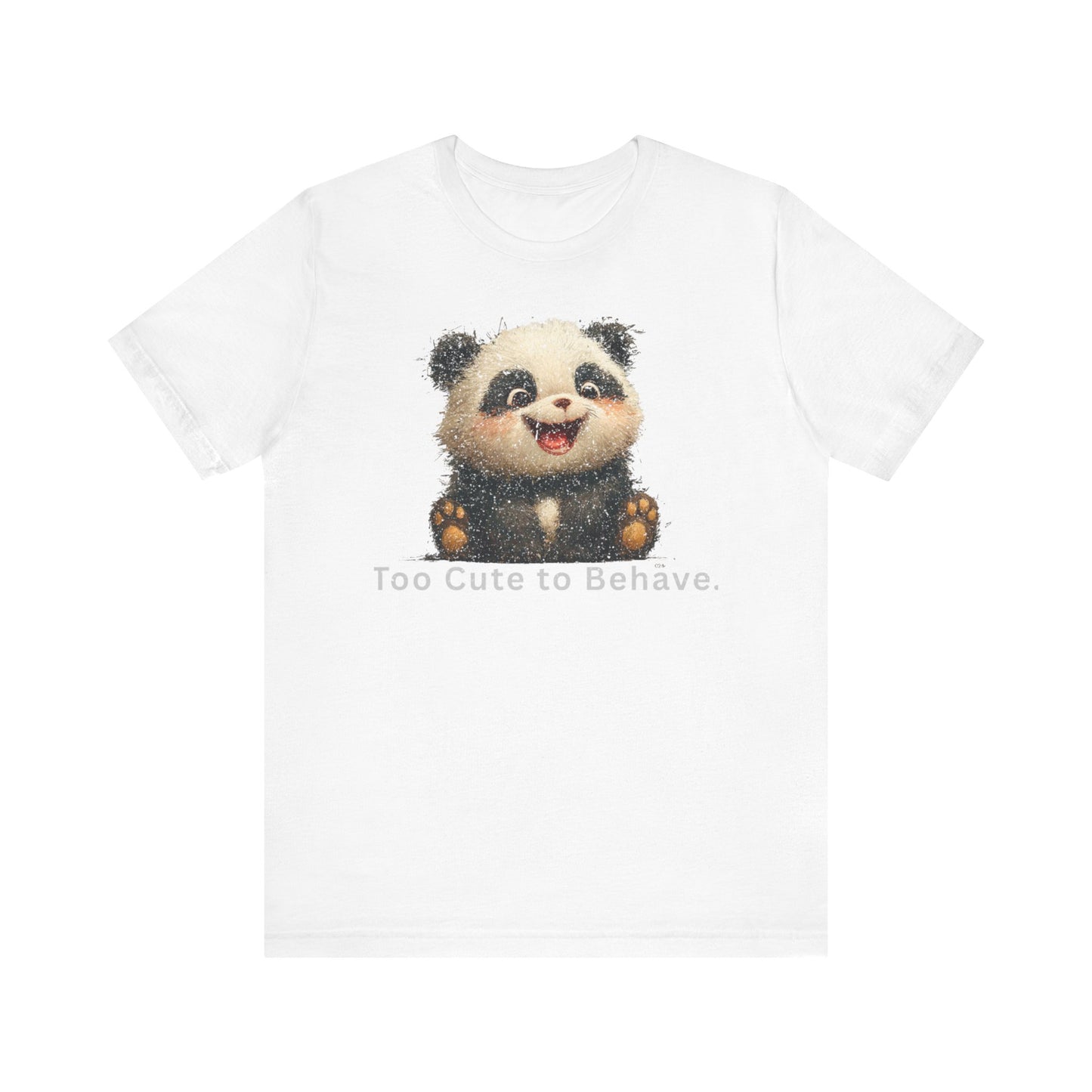 Fat Belly Panda™ “Too Cute to Behave” unisex tee for men and women — mischievous chibi panda with playful grin and innocent eyes, signature Too Cute to Behave design on white background.