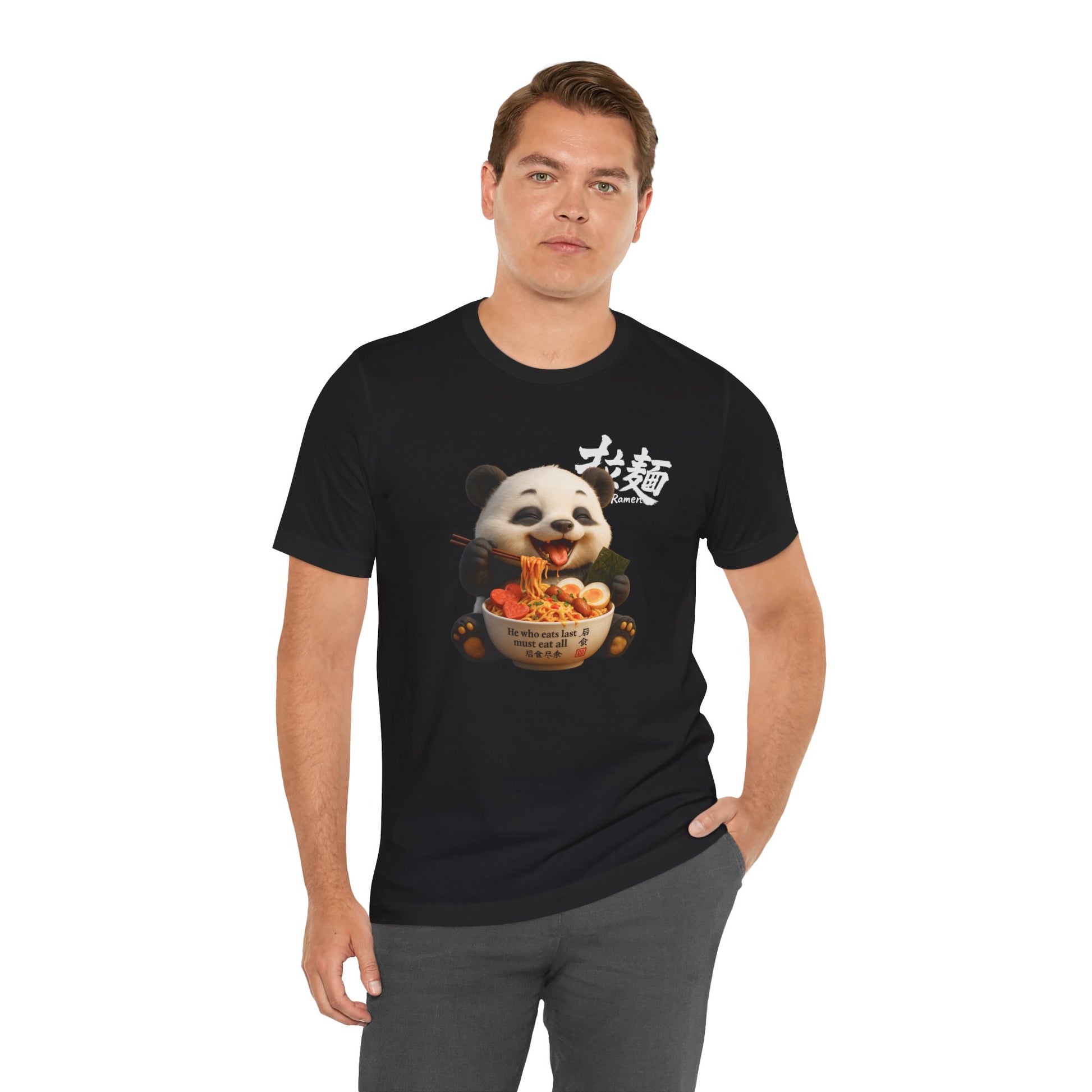 Man wearing Fat Belly Panda “He Who Eats Last” unisex panda t-shirt — funny minimalist design on black background for men and women.