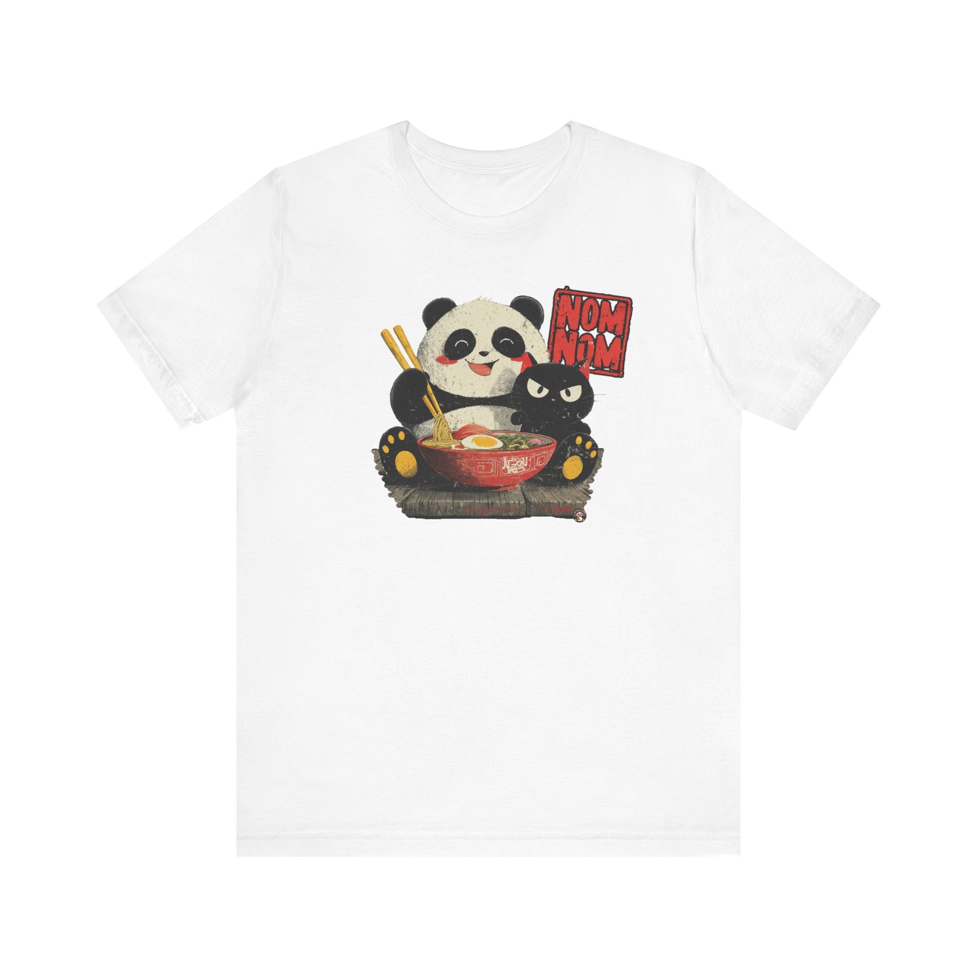 Fat Belly Panda “Ramen Nom Nom” unisex panda t-shirt — happy panda with ramen bowl and deadpan cat design on white background for men and women.