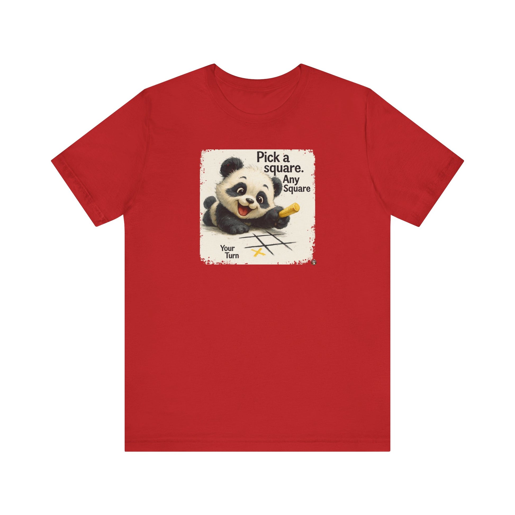 Fat Belly Panda™ “Pick a Square — Your Turn” unisex tee for men and women — cheeky panda with chalk tic-tac-toe grid, playful Too Cute to Behave design on red background.