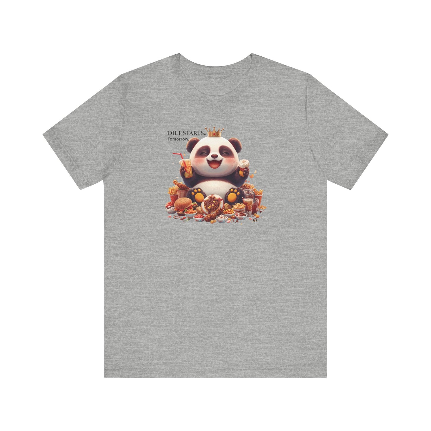 Fat Belly Panda™ “Diet Start Tomorrow” unisex tee for men and women — chubby baby panda happily holding snacks and smiling, playful Too Cute to Behave design on grey background.