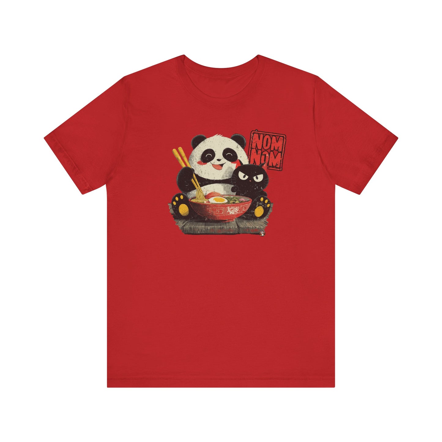Fat Belly Panda “Ramen Nom Nom” unisex panda t-shirt — happy panda with ramen bowl and deadpan cat design on red background for men and women.