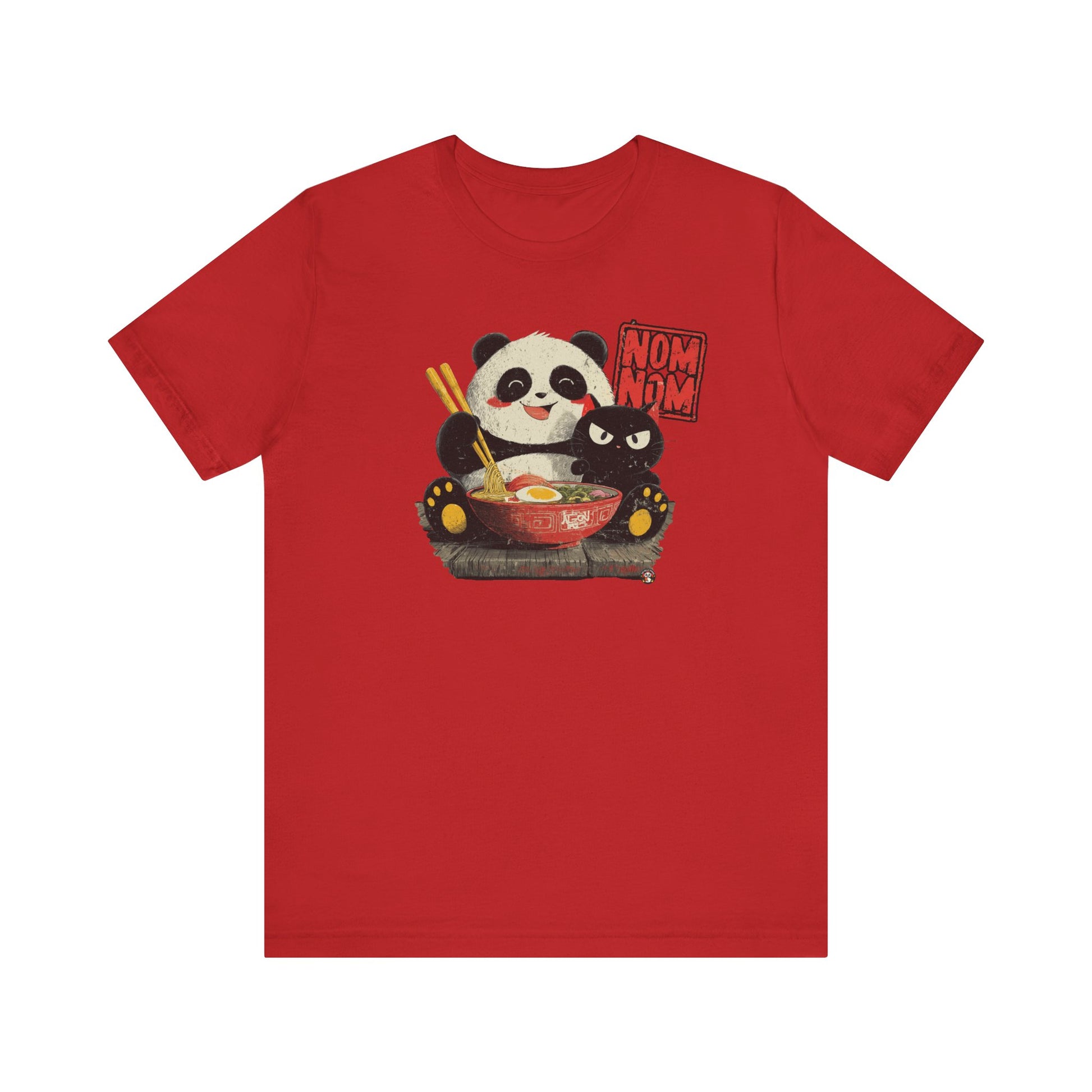 Fat Belly Panda “Ramen Nom Nom” unisex panda t-shirt — happy panda with ramen bowl and deadpan cat design on red background for men and women.