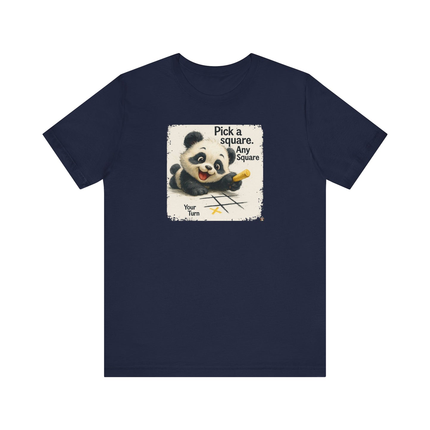 Fat Belly Panda™ “Pick a Square — Your Turn” unisex tee for men and women — cheeky panda with chalk tic-tac-toe grid, playful Too Cute to Behave design on navy background.