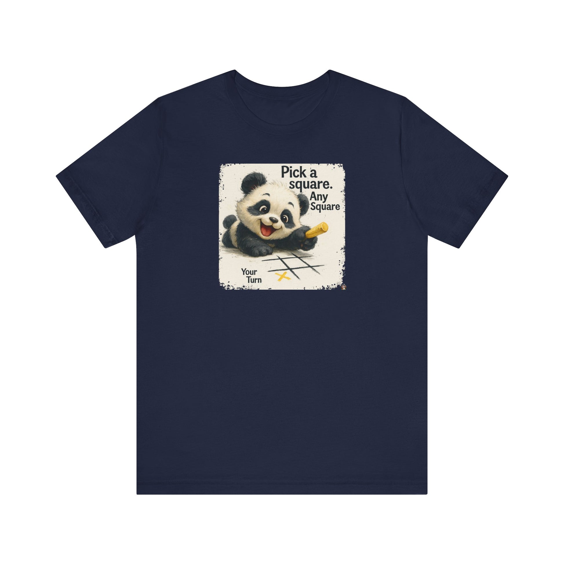 Fat Belly Panda™ “Pick a Square — Your Turn” unisex tee for men and women — cheeky panda with chalk tic-tac-toe grid, playful Too Cute to Behave design on navy background.