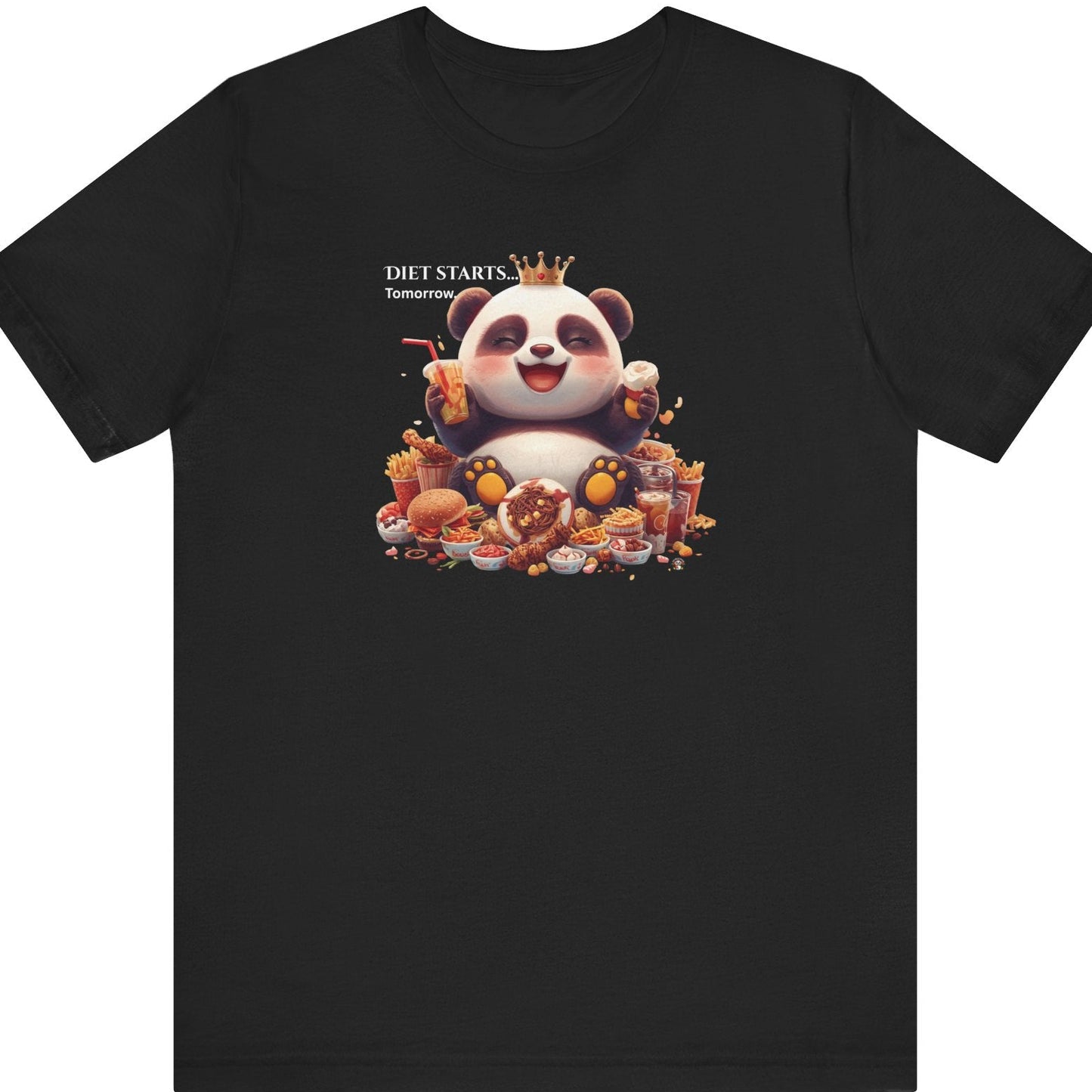 Fat Belly Panda™ “Diet Start Tomorrow” unisex tee for men and women — chubby baby panda happily holding snacks and smiling, playful Too Cute to Behave design on black background.