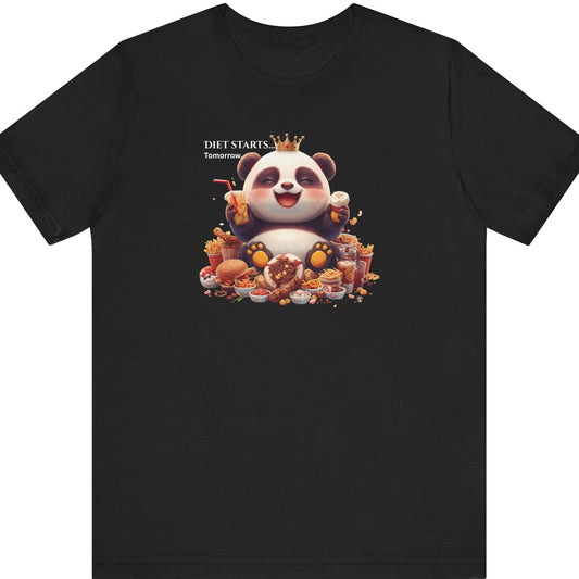 Fat Belly Panda™ “Diet Start Tomorrow” unisex tee for men and women — chubby baby panda happily holding snacks and smiling, playful Too Cute to Behave design on black background.