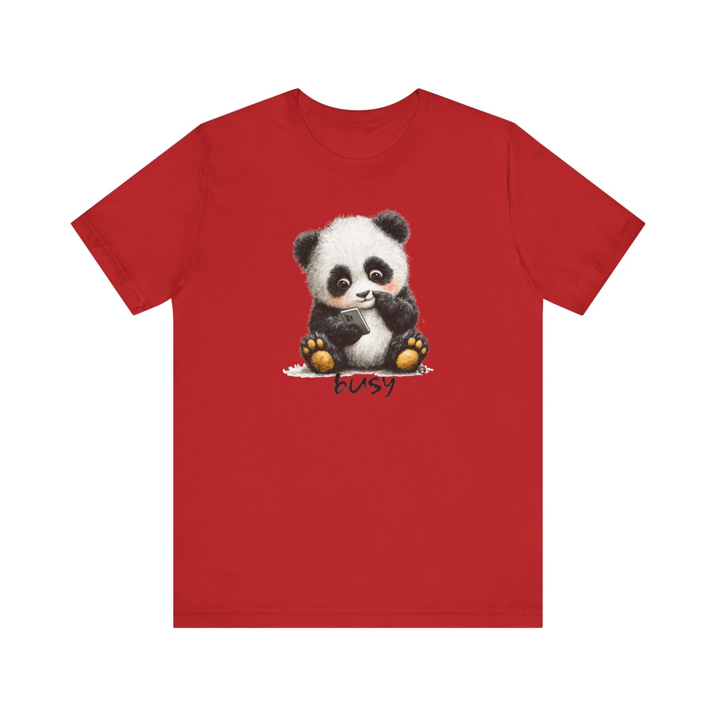 Fat Belly Panda “Busy (phone)” unisex tee for men and women — cheeky panda ignoring calls, playful Too Cute to Behave design on red background.