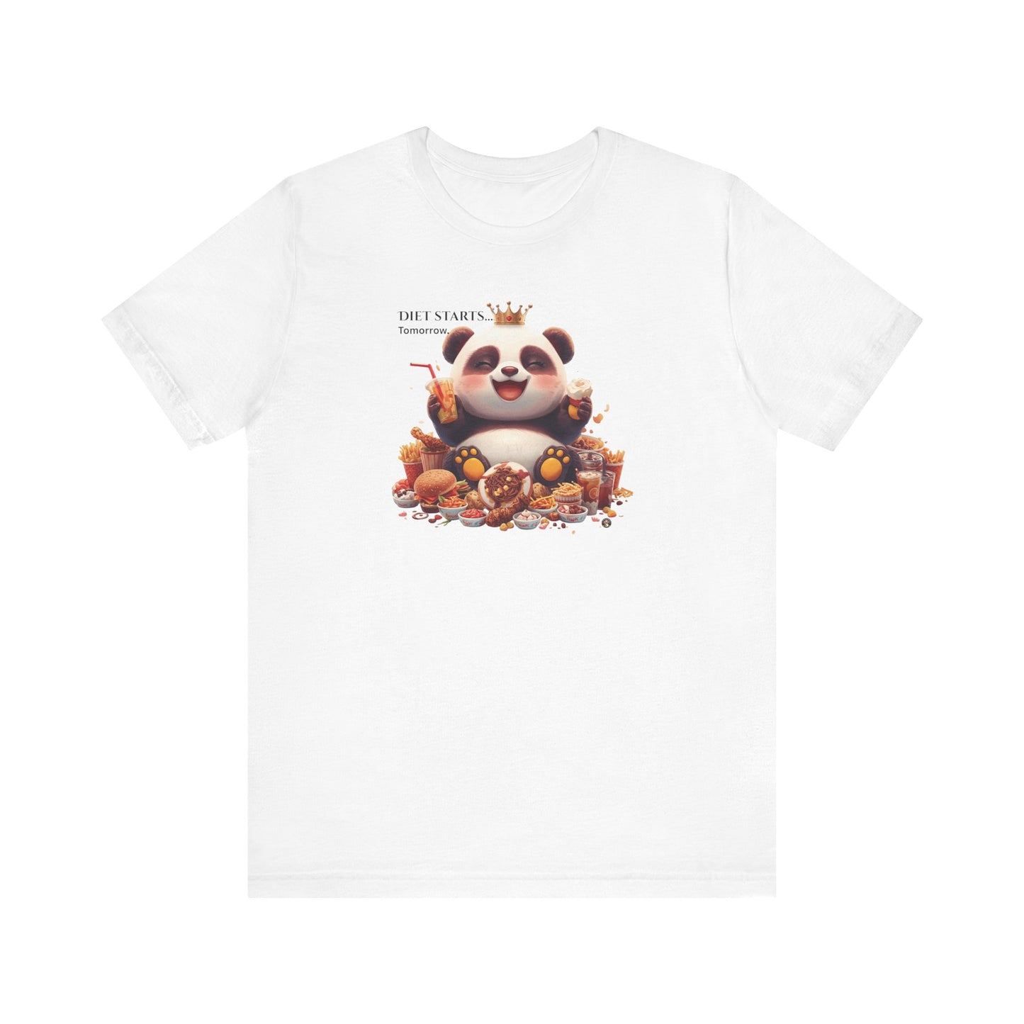 Fat Belly Panda™ “Diet Start Tomorrow” unisex tee for men and women — chubby baby panda happily holding snacks and smiling, playful Too Cute to Behave design on white background.