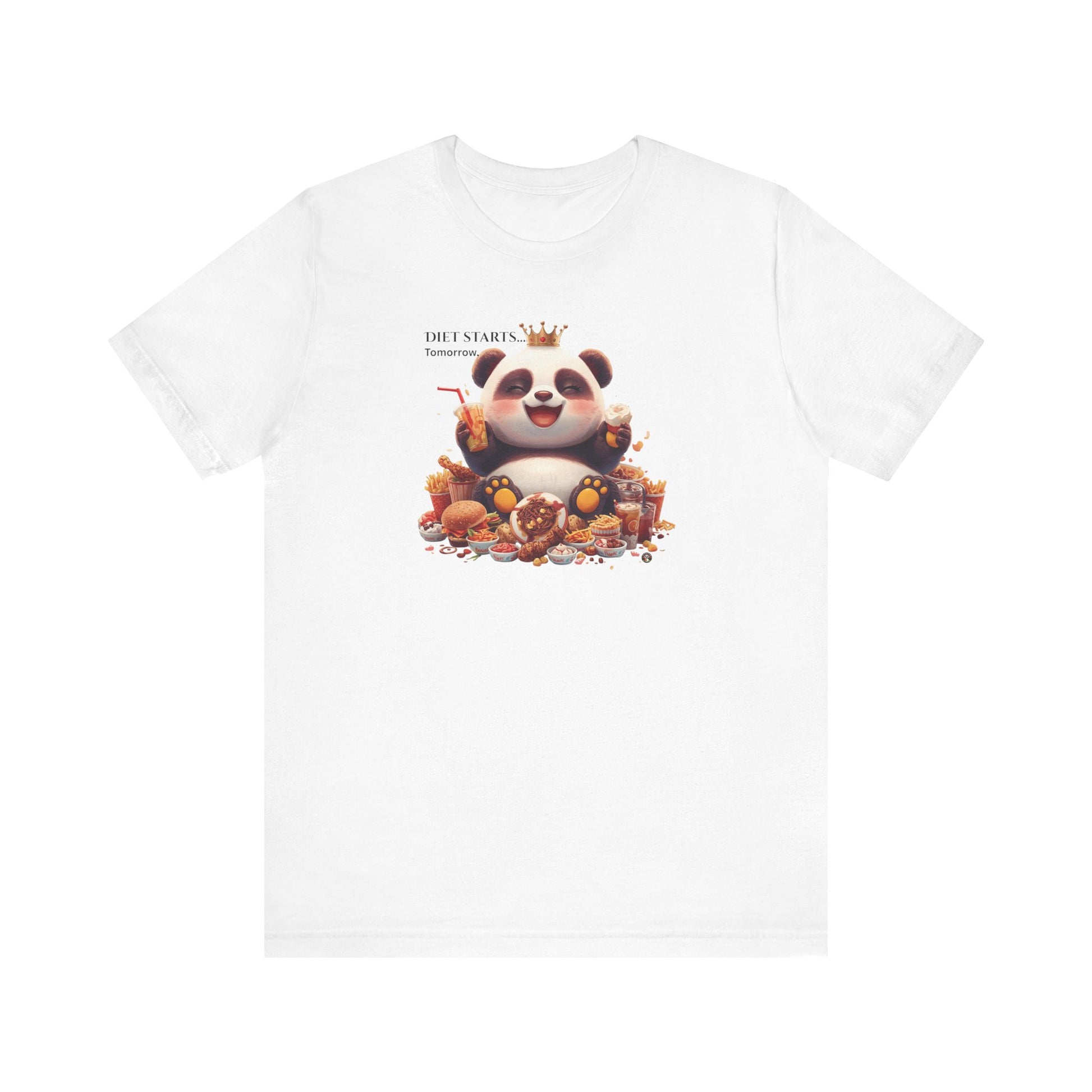 Fat Belly Panda™ “Diet Start Tomorrow” unisex tee for men and women — chubby baby panda happily holding snacks and smiling, playful Too Cute to Behave design on white background.