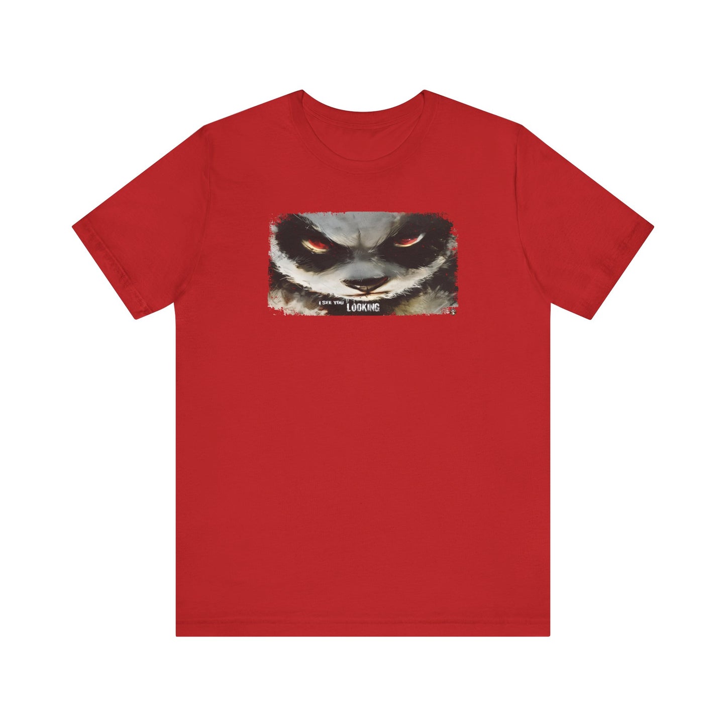 Fat Belly Panda™ “I See You Looking” unisex tee for men and women — extreme close-up panda face with head tilted down and eyes looking up, sumi-ink watercolor style, playful Too Cute to Behave design on red background.