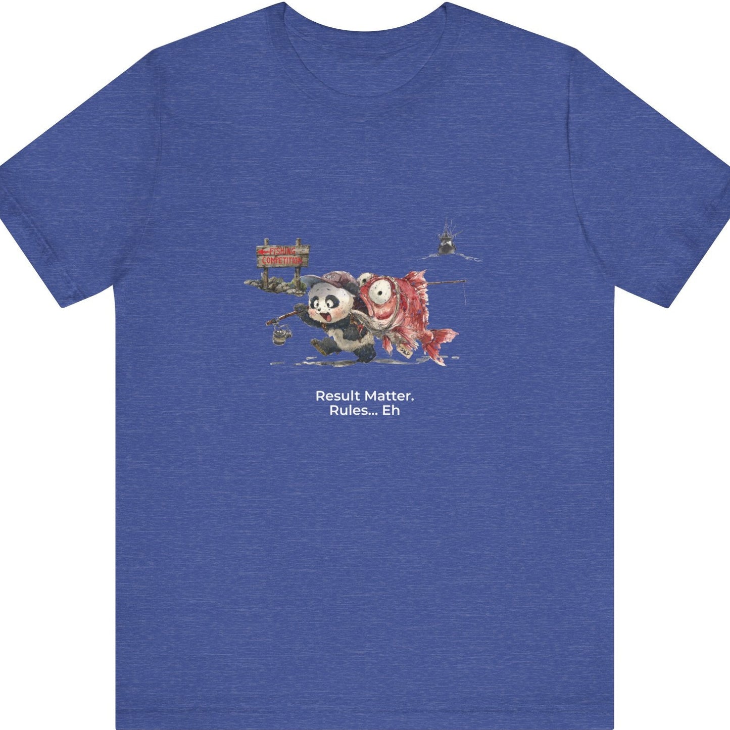 Fat Belly Panda™ “Certified Catch” unisex graphic tee — panda hurrying to a fishing competition carrying oversized snapper and fishing rod, trawler boat departing behind him, on true royal blue tee.