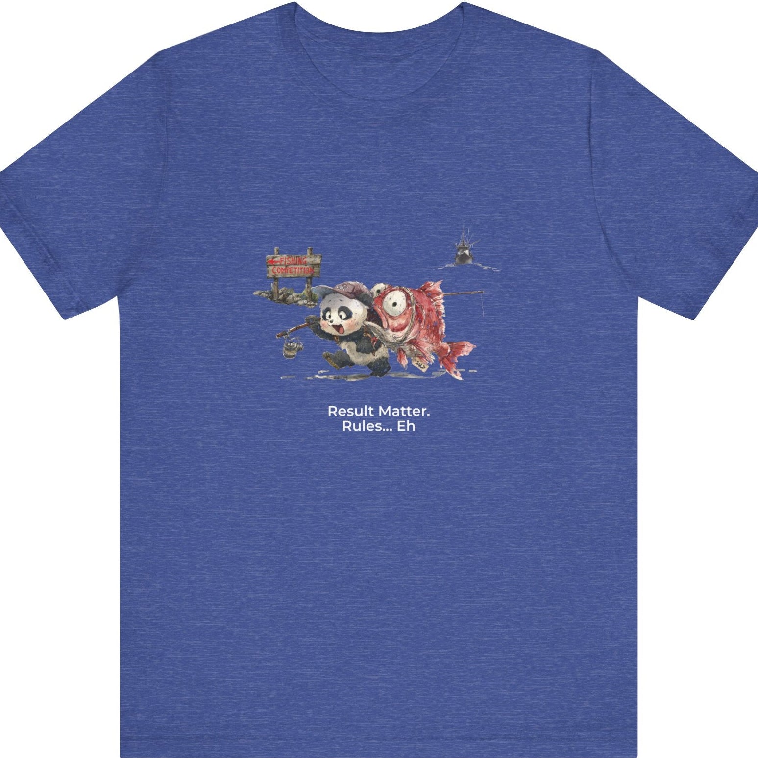 Fat Belly Panda™ “Certified Catch” unisex graphic tee — panda hurrying to a fishing competition carrying oversized snapper and fishing rod, trawler boat departing behind him, on true royal blue tee.