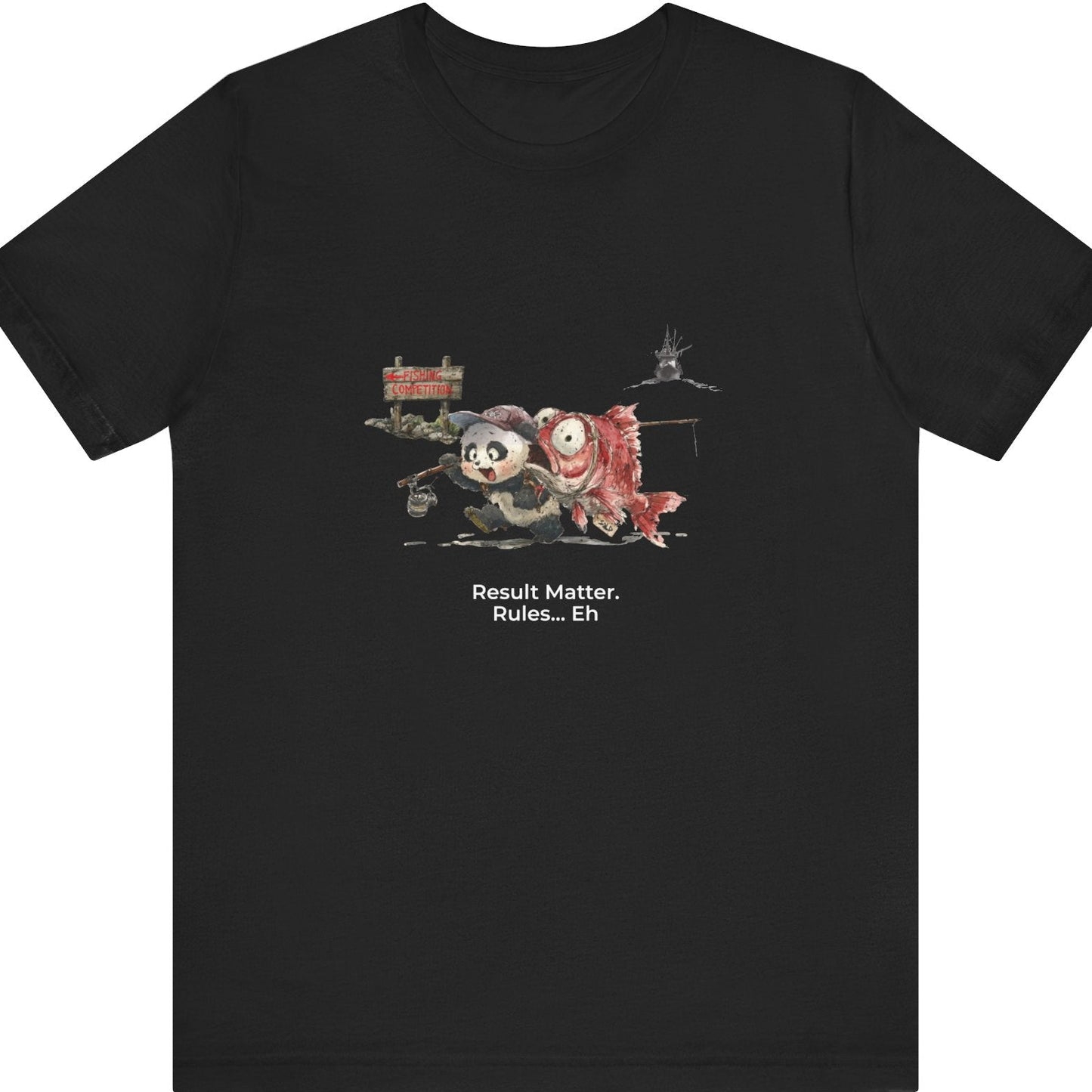Fat Belly Panda™ “Certified Catch” unisex graphic tee — panda smirking while carrying a giant snapper he bought from a trawler, holding a fishing rod, running toward a fishing competition sign with trawler boat leaving in background, on black tee.