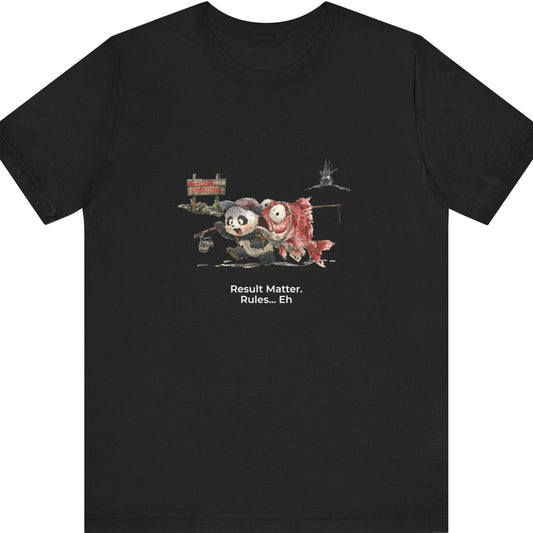 Fat Belly Panda™ “Certified Catch” unisex graphic tee — panda smirking while carrying a giant snapper he bought from a trawler, holding a fishing rod, running toward a fishing competition sign with trawler boat leaving in background, on black tee.