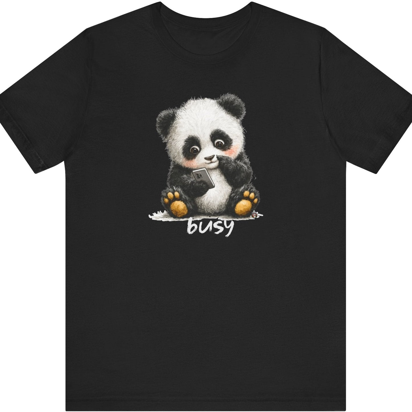 Fat Belly Panda “Busy (phone)” unisex tee for men and women — cheeky panda ignoring calls, playful Too Cute to Behave design on black background.