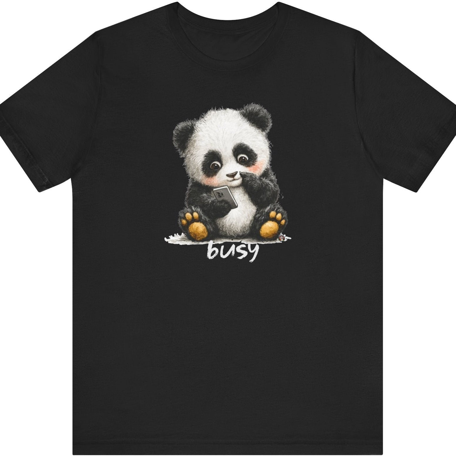 Fat Belly Panda “Busy (phone)” unisex tee for men and women — cheeky panda ignoring calls, playful Too Cute to Behave design on black background.