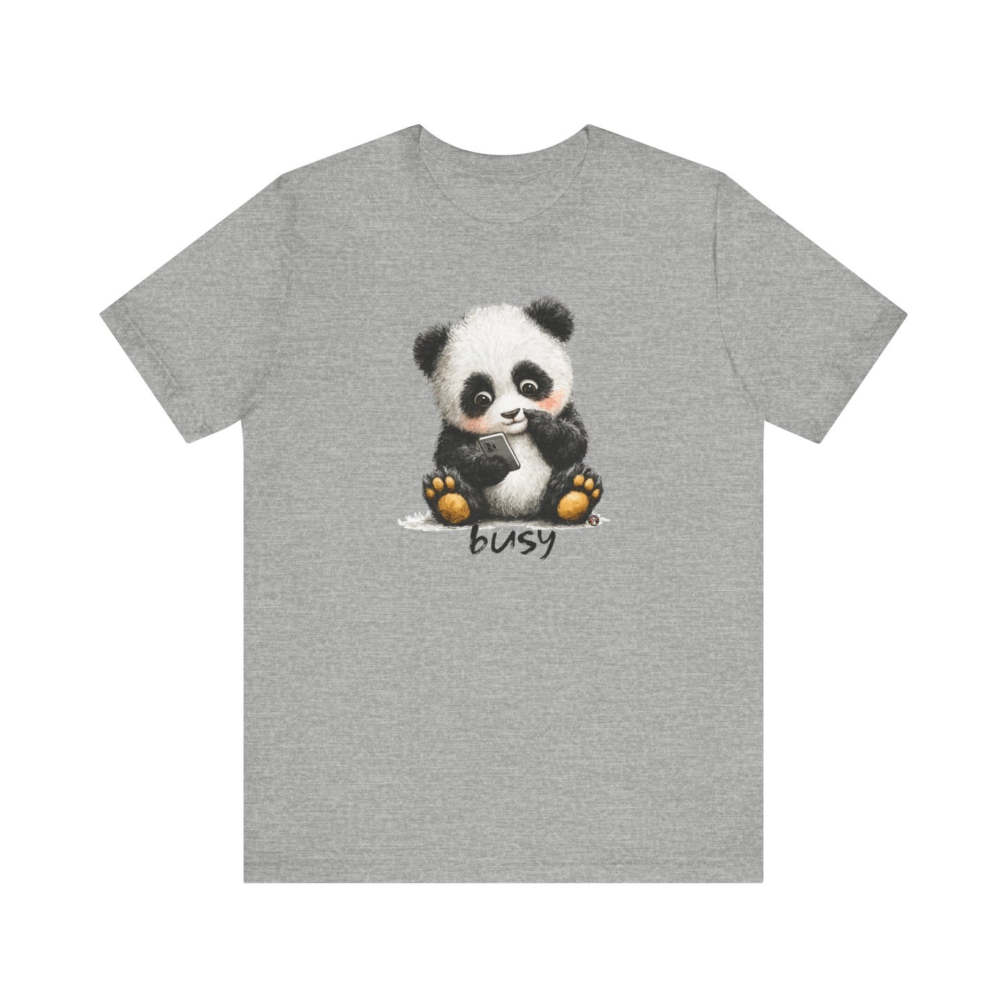 Fat Belly Panda “Busy (phone)” unisex tee for men and women — cheeky panda ignoring calls, playful Too Cute to Behave design on grey background.