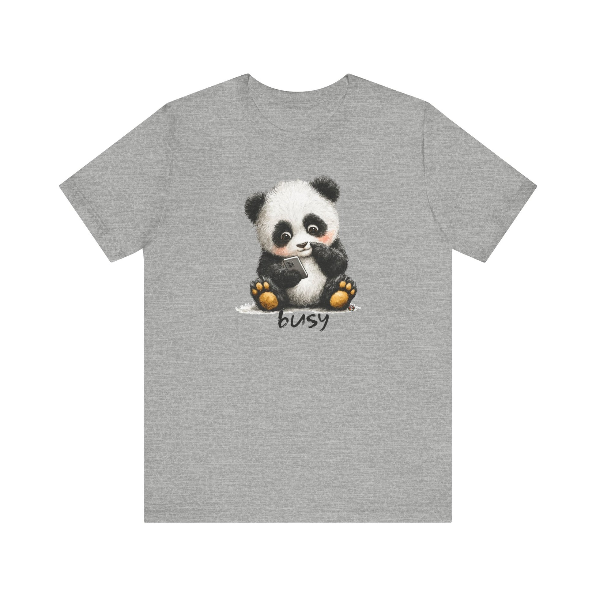 Fat Belly Panda “Busy (phone)” unisex tee for men and women — cheeky panda ignoring calls, playful Too Cute to Behave design on grey background.