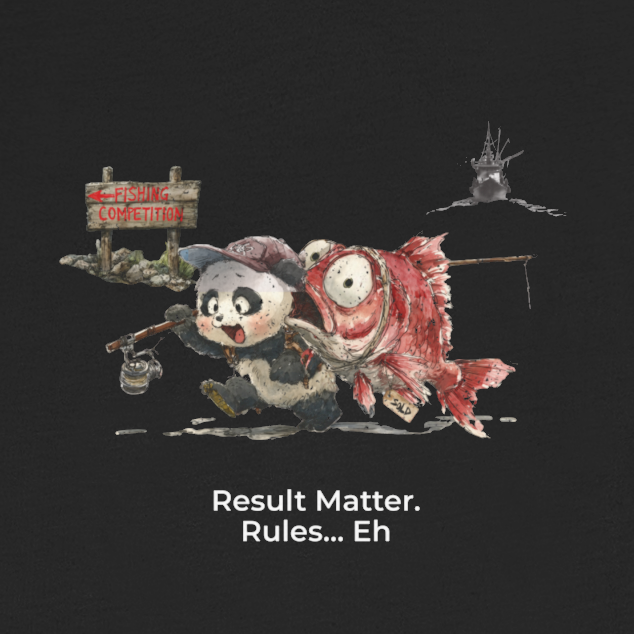 Fat Belly Panda™ “Certified Catch” unisex graphic tee — close-up of panda’s smug expression, shocked snapper, fishing rod, and departing trawler boat behind them.