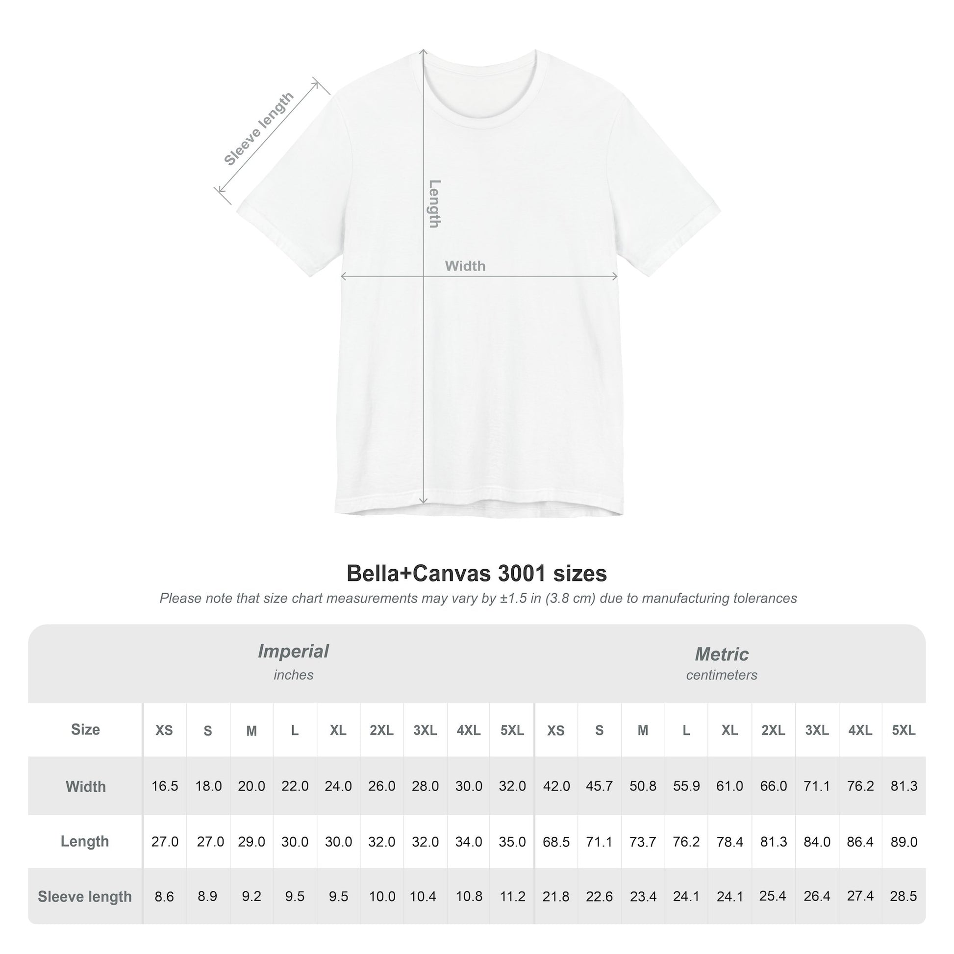 Fat Belly Panda™ “Certified Catch” unisex graphic tee — Bella Canvas 3001 size chart.