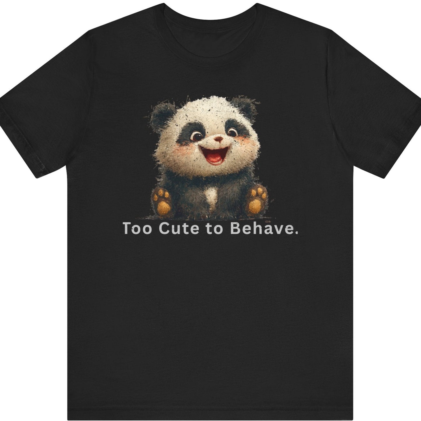 Fat Belly Panda™ “Too Cute to Behave” unisex tee for men and women — mischievous chibi panda with playful grin and innocent eyes, signature Too Cute to Behave design on black background.