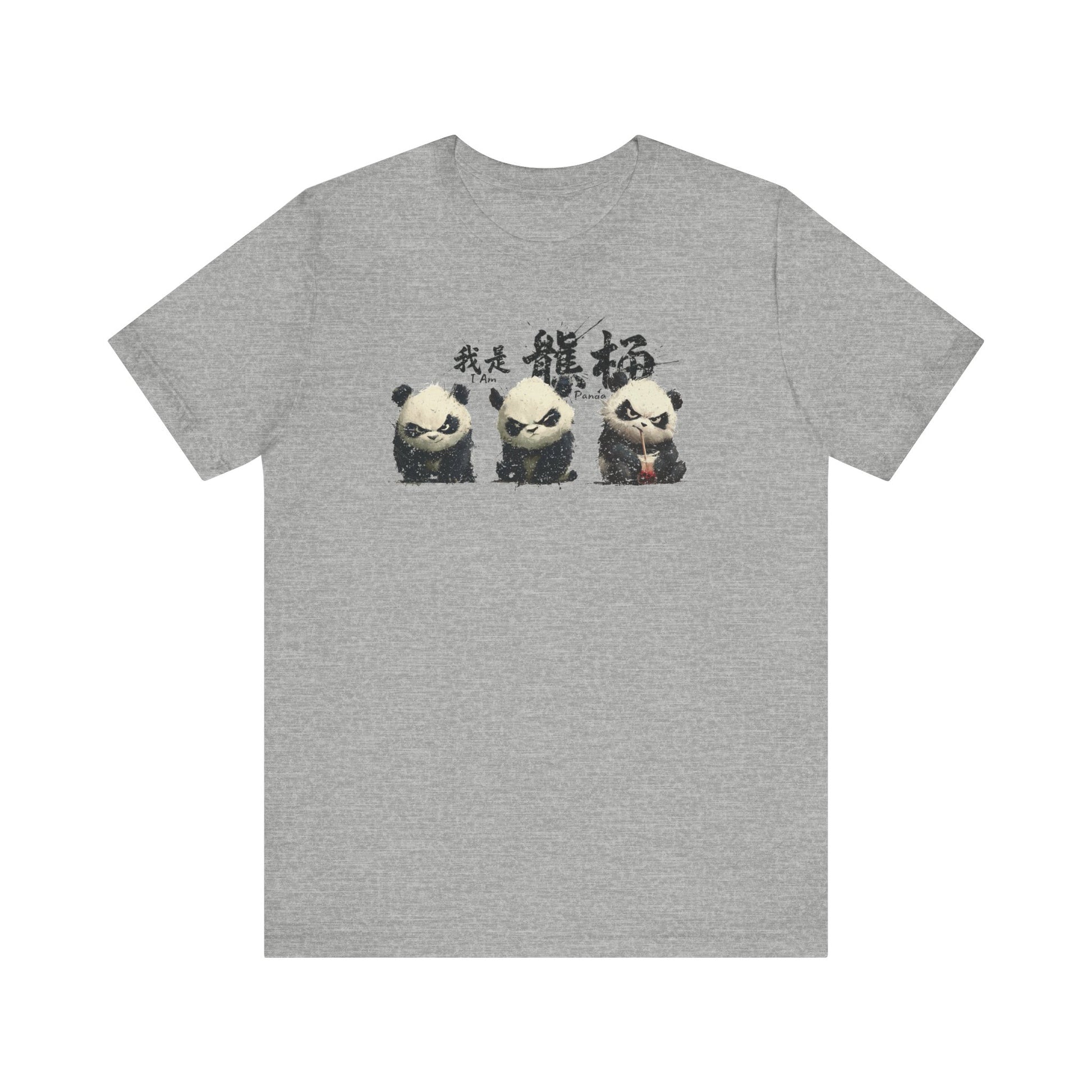 Fat Belly Panda “I Am Panda” panda t-shirt — sumi-e trio panda design with brush-style lettering on grey  background for men and women.