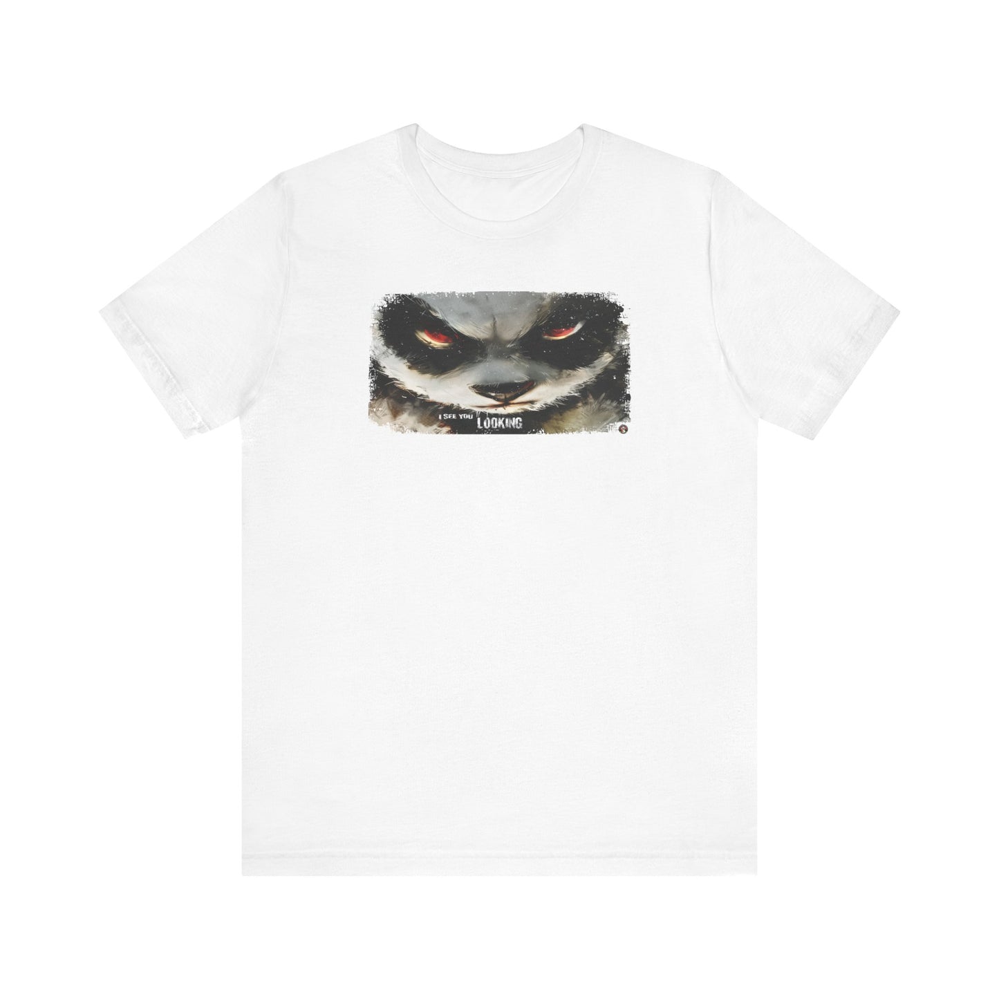 Fat Belly Panda™ “I See You Looking” unisex tee for men and women — extreme close-up panda face with head tilted down and eyes looking up, sumi-ink watercolor style, playful Too Cute to Behave design on white background.