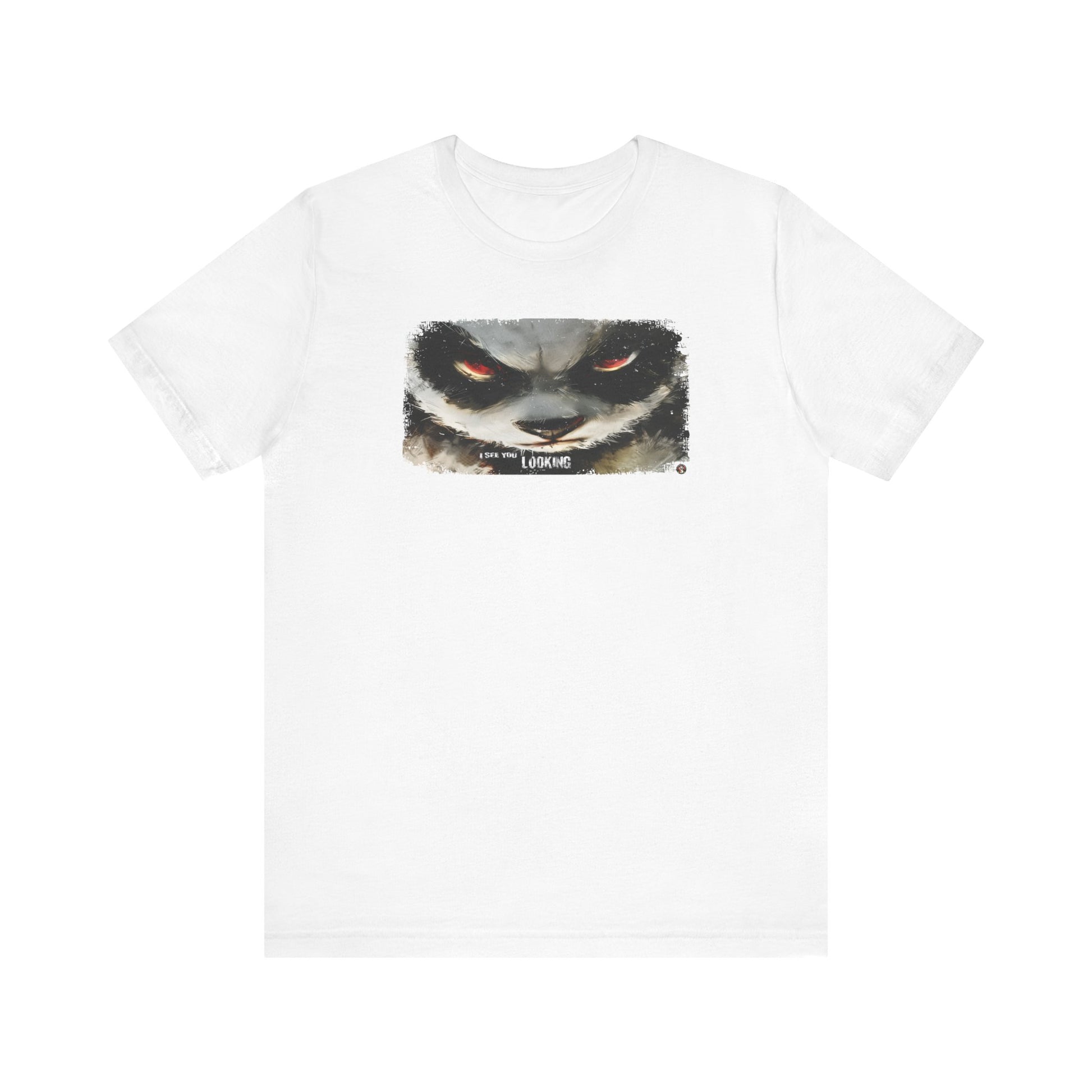 Fat Belly Panda™ “I See You Looking” unisex tee for men and women — extreme close-up panda face with head tilted down and eyes looking up, sumi-ink watercolor style, playful Too Cute to Behave design on white background.