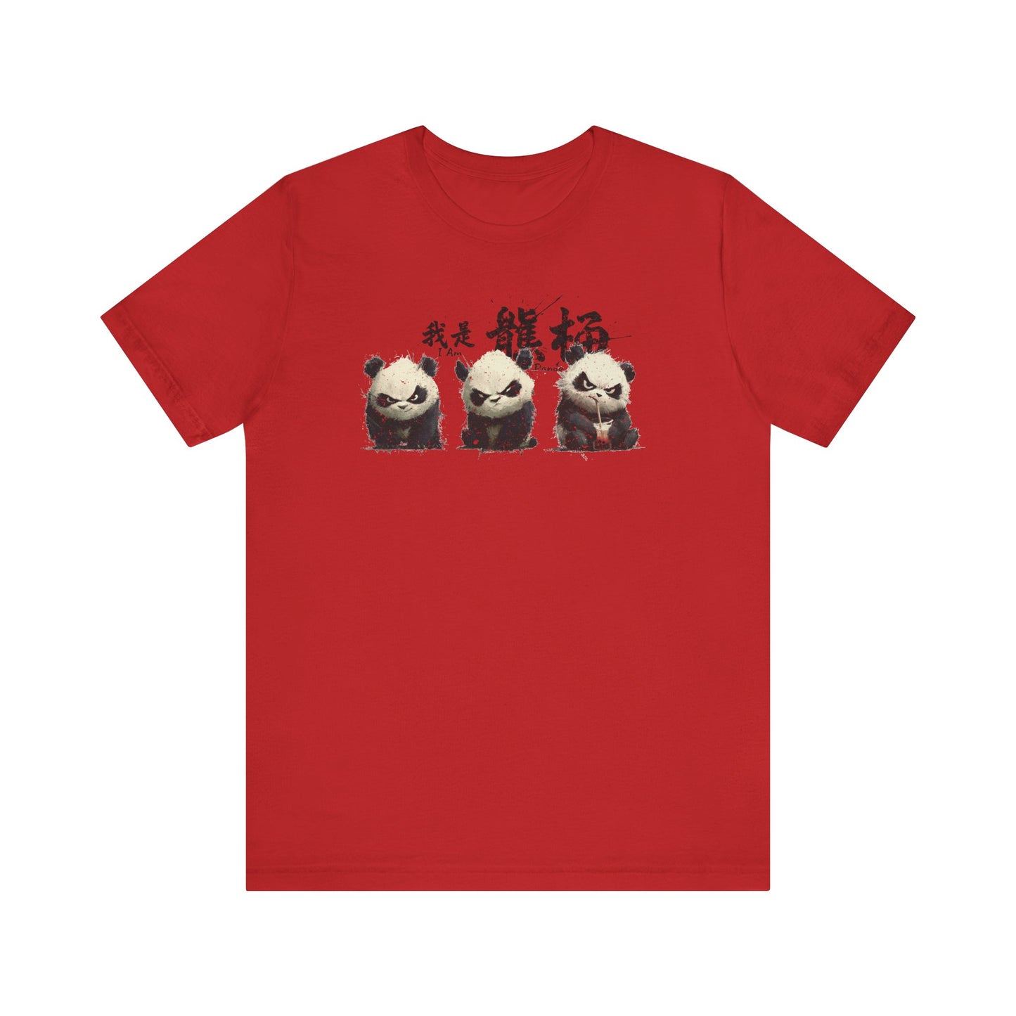 Fat Belly Panda “I Am Panda” panda t-shirt — sumi-e trio panda design with brush-style lettering on red background for men and women.