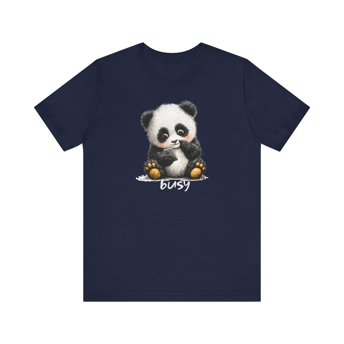 Fat Belly Panda “Busy (phone)” unisex tee for men and women — cheeky panda ignoring calls, playful Too Cute to Behave design on navy background.