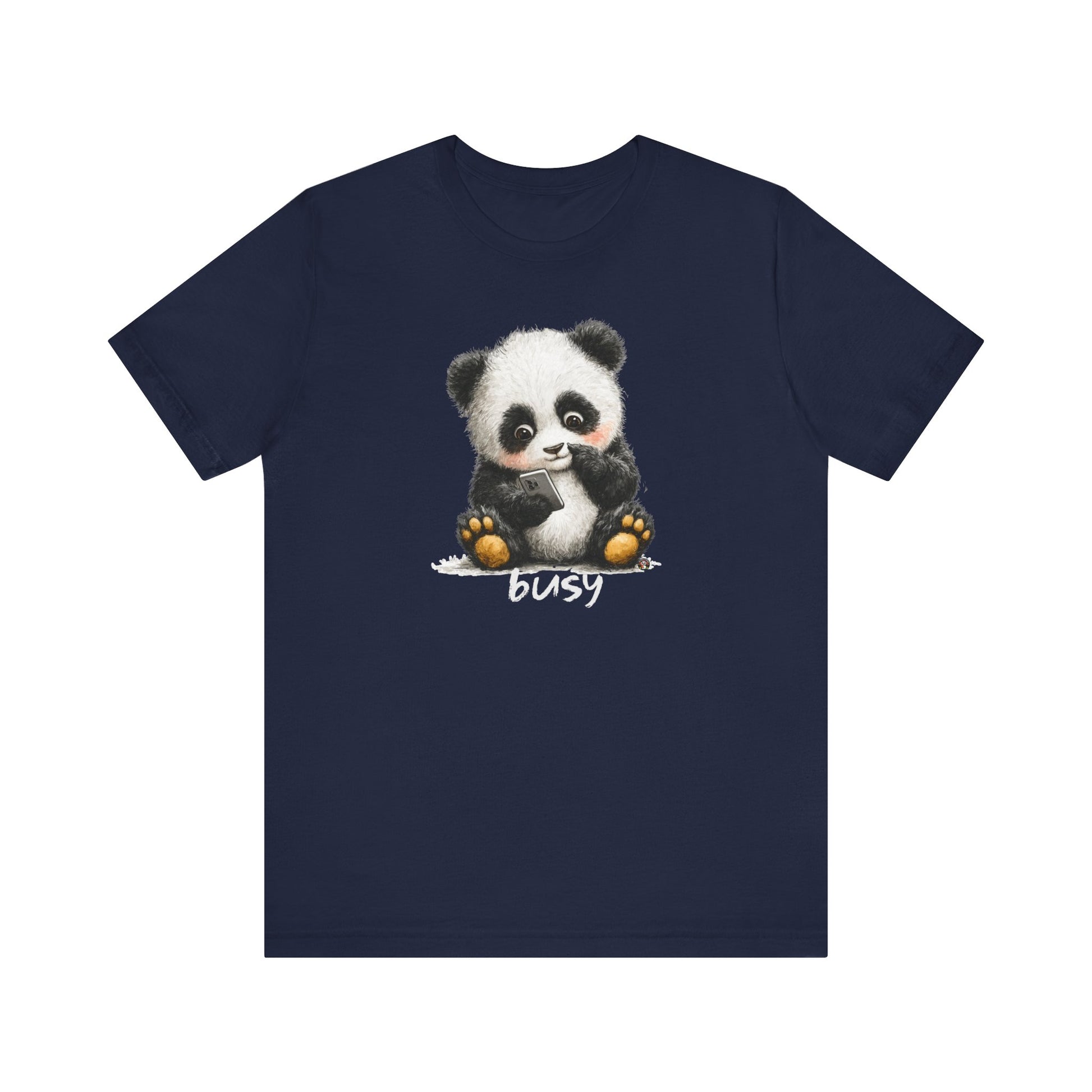 Fat Belly Panda “Busy (phone)” unisex tee for men and women — cheeky panda ignoring calls, playful Too Cute to Behave design on navy background.