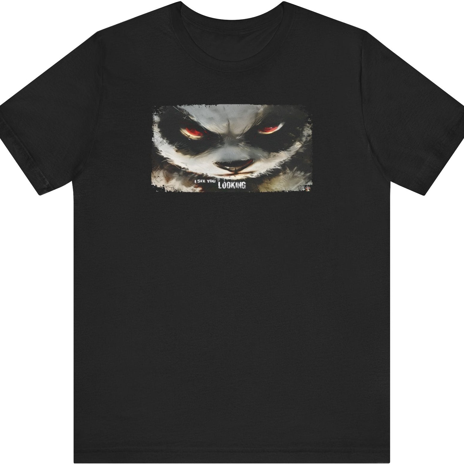 Fat Belly Panda™ “I See You Looking” unisex tee for men and women — extreme close-up panda face with head tilted down and eyes looking up, sumi-ink watercolor style, playful Too Cute to Behave design on black background.