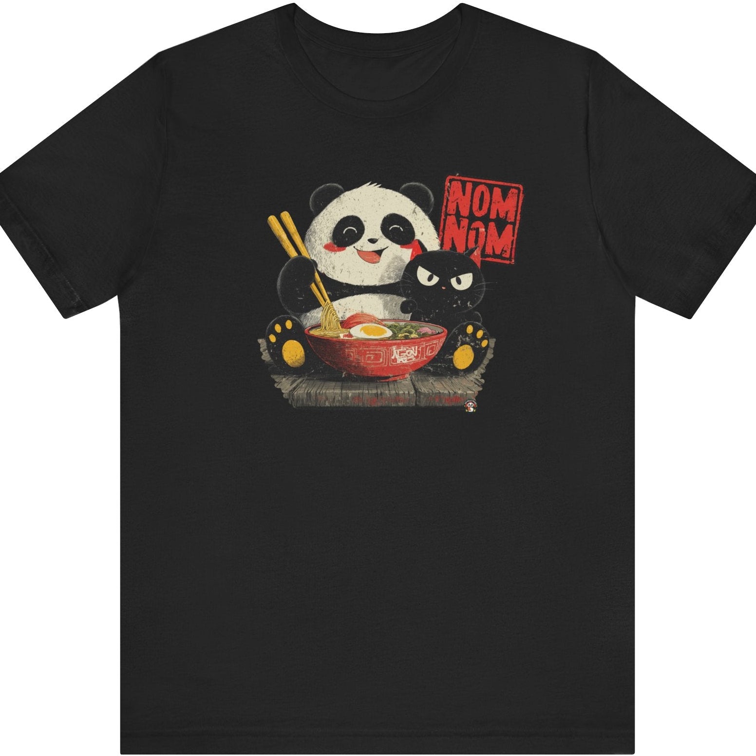 Fat Belly Panda “Ramen Nom Nom” unisex panda t-shirt — happy panda with ramen bowl and deadpan cat design on black background for men and women.