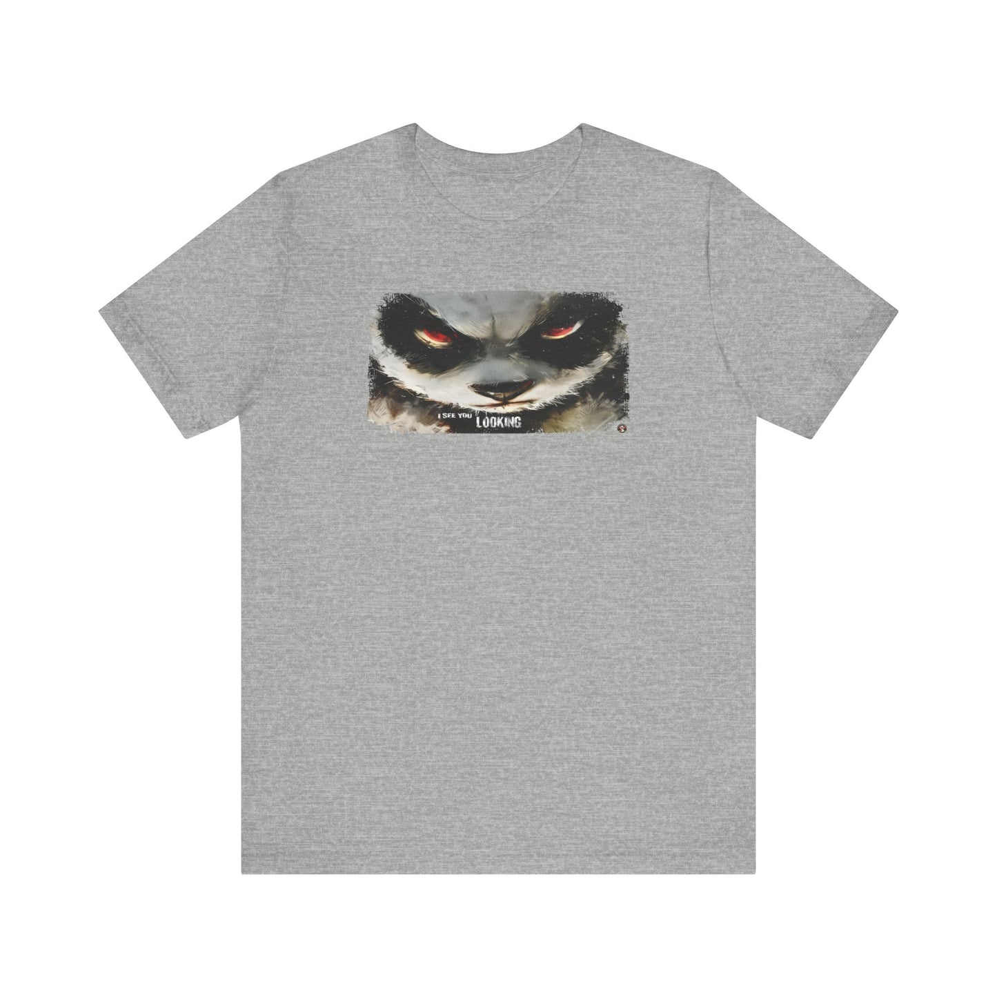 Fat Belly Panda™ “I See You Looking” unisex tee for men and women — extreme close-up panda face with head tilted down and eyes looking up, sumi-ink watercolor style, playful Too Cute to Behave design on grey background.