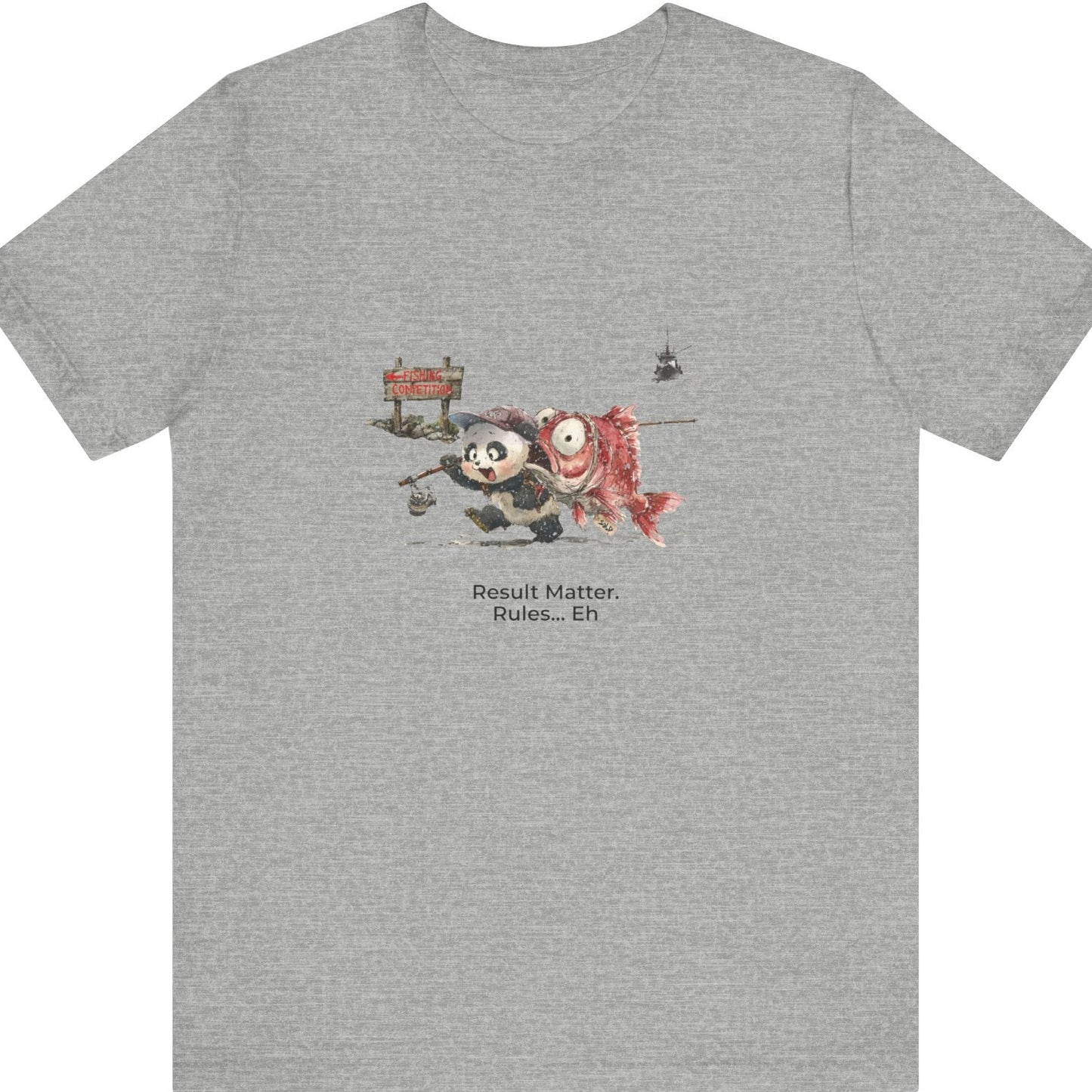 Fat Belly Panda™ “Certified Catch” unisex graphic tee — playful panda carrying large snapper he didn’t catch, fishing rod in hand and trawler boat fading behind, on athletic heather tee.