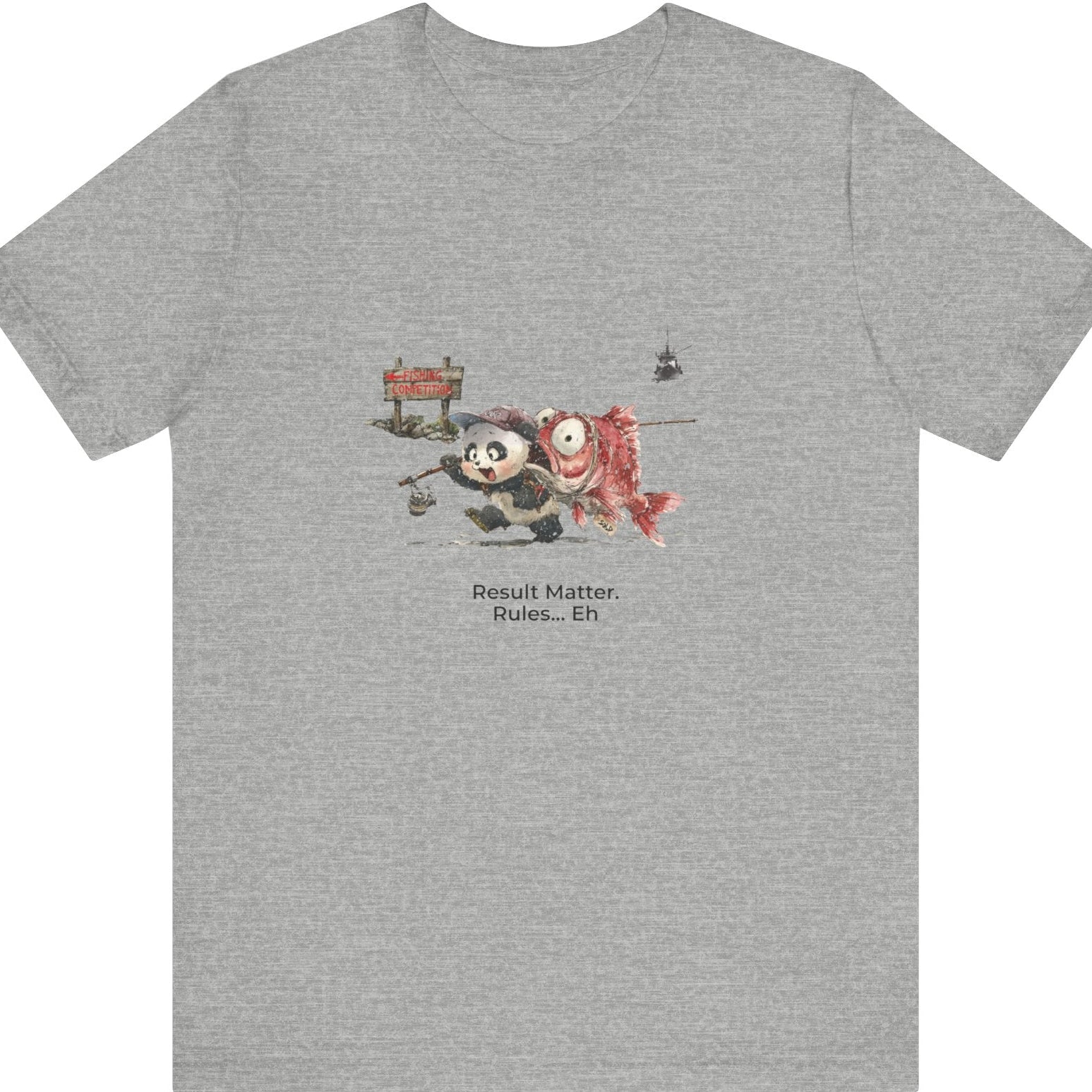 Fat Belly Panda™ “Certified Catch” unisex graphic tee — playful panda carrying large snapper he didn’t catch, fishing rod in hand and trawler boat fading behind, on athletic heather tee.