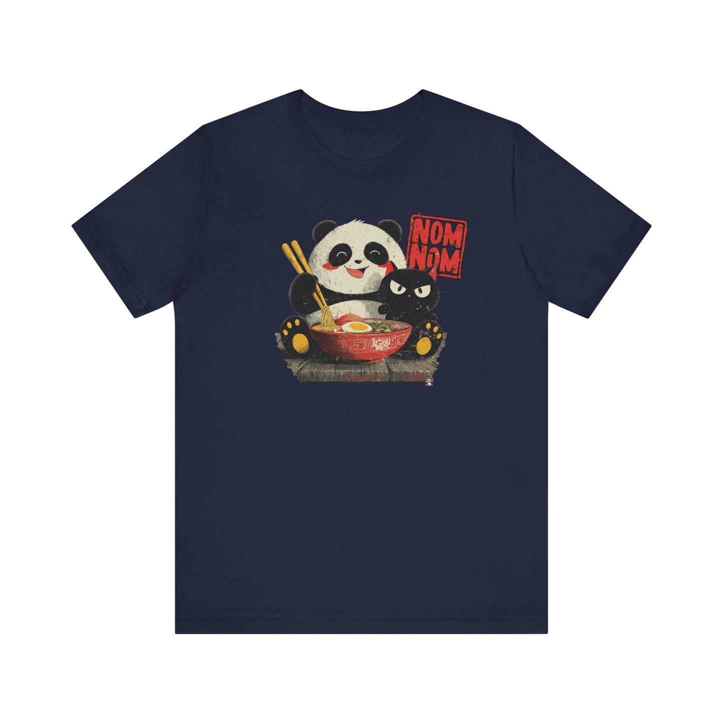 Fat Belly Panda “Ramen Nom Nom” unisex panda t-shirt — happy panda with ramen bowl and deadpan cat design on navy background for men and women.