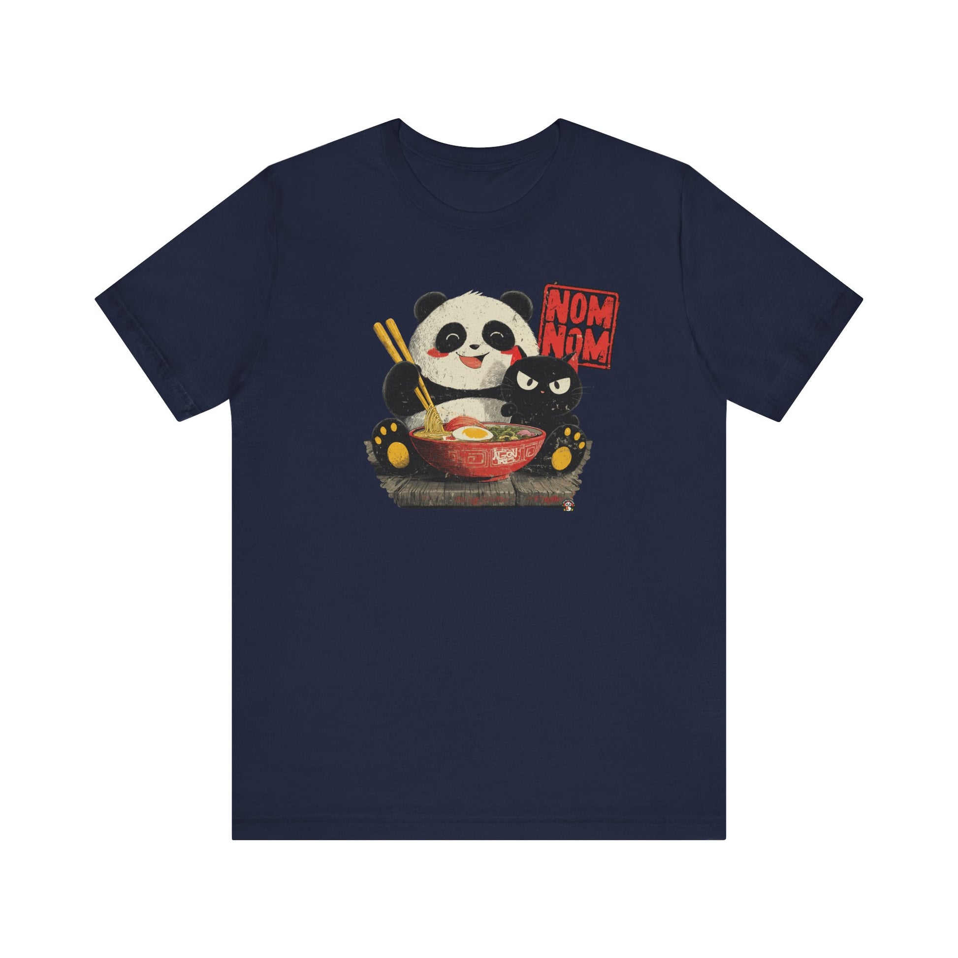 Fat Belly Panda “Ramen Nom Nom” unisex panda t-shirt — happy panda with ramen bowl and deadpan cat design on navy background for men and women.