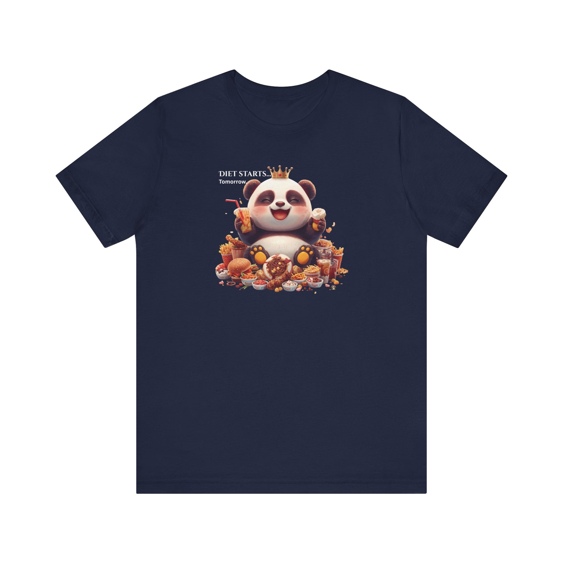 Fat Belly Panda™ “Diet Start Tomorrow” unisex tee for men and women — chubby baby panda happily holding snacks and smiling, playful Too Cute to Behave design on navy background.