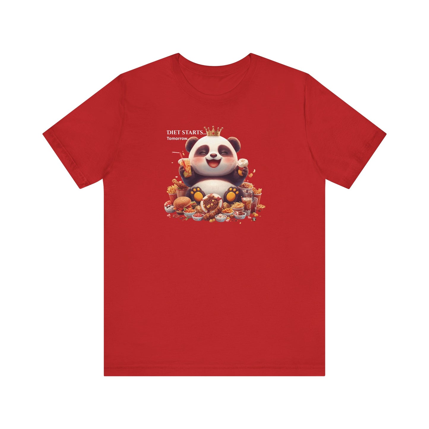 Fat Belly Panda™ “Diet Start Tomorrow” unisex tee for men and women — chubby baby panda happily holding snacks and smiling, playful Too Cute to Behave design on red background.