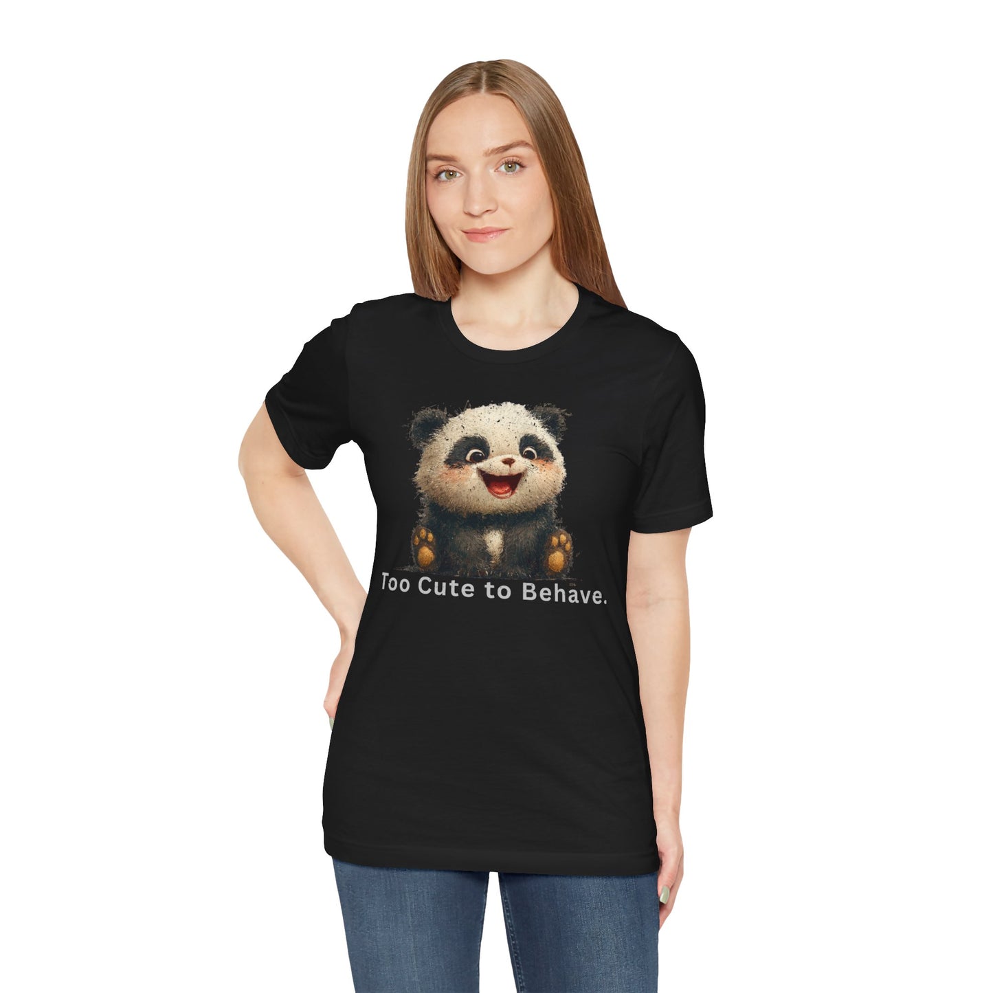 Fat Belly Panda™ “Too Cute to Behave” unisex tee for men and women — mischievous chibi panda with playful grin and innocent eyes, signature Too Cute to Behave design on black background.