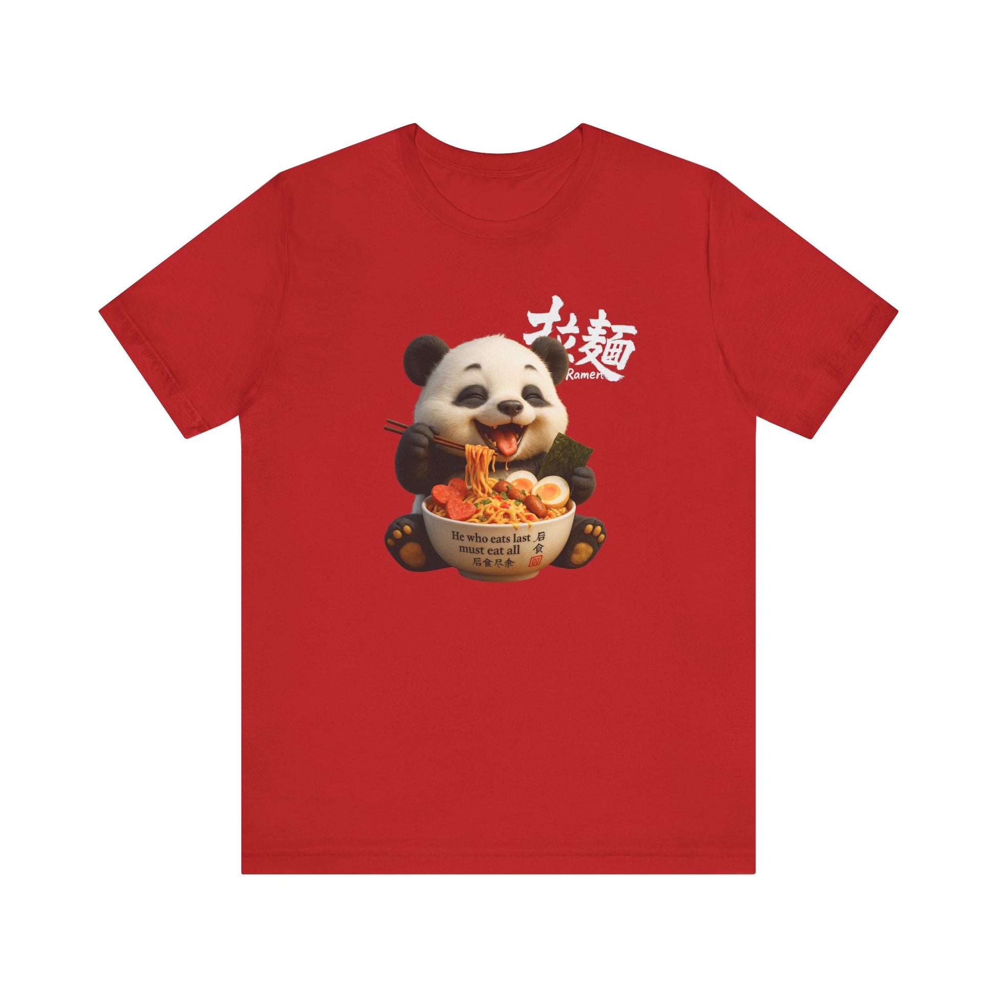 Fat Belly Panda “He Who Eats Last” unisex panda t-shirt — funny minimalist design on red background for men and women.