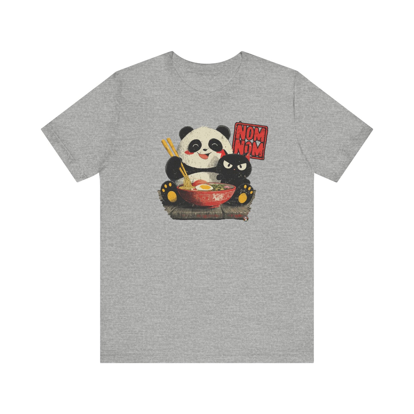 Fat Belly Panda “Ramen Nom Nom” unisex panda t-shirt — happy panda with ramen bowl and deadpan cat design on grey background for men and women.